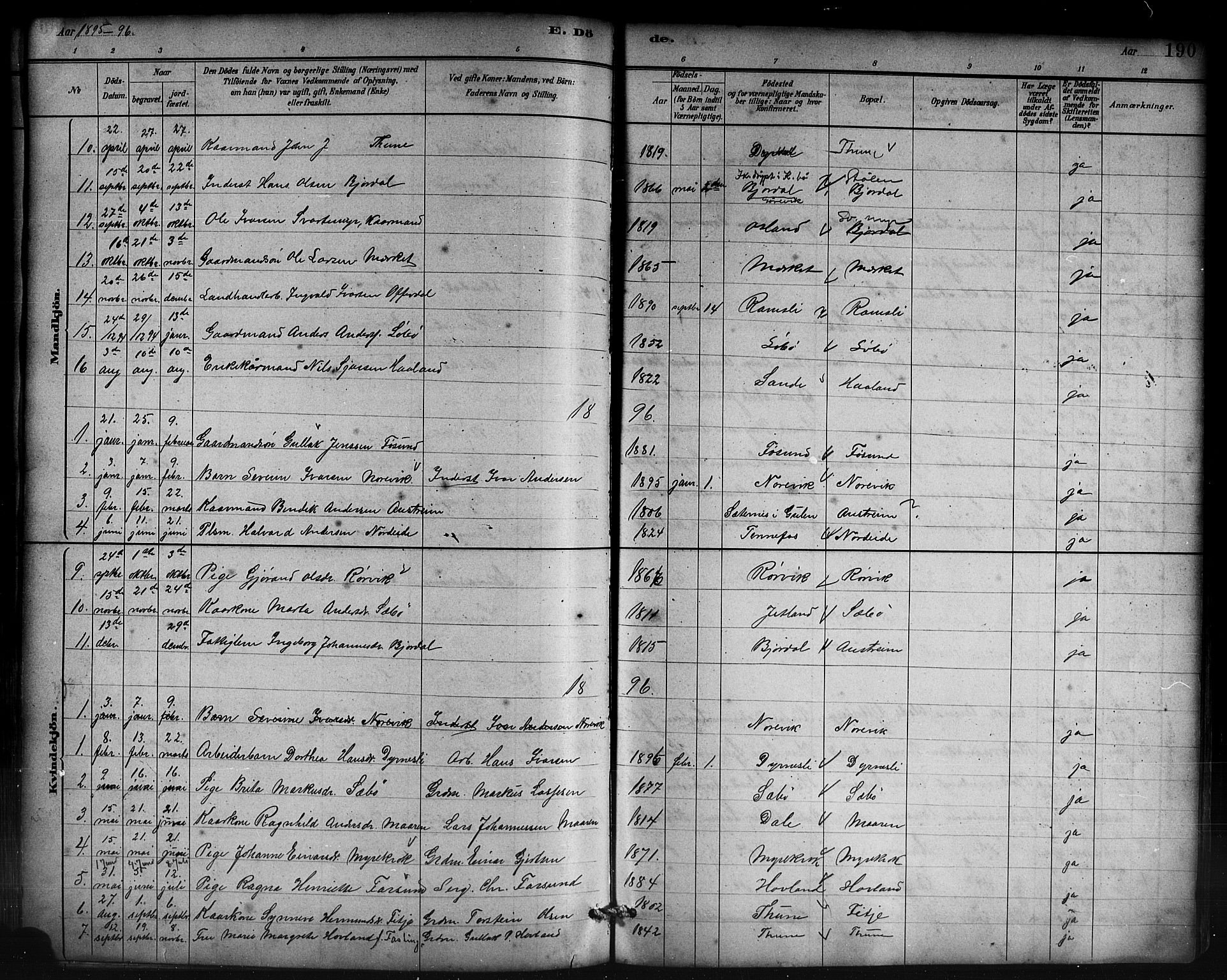 Lavik sokneprestembete, AV/SAB-A-80901: Parish register (copy) no. B 3, 1882-1913, p. 190