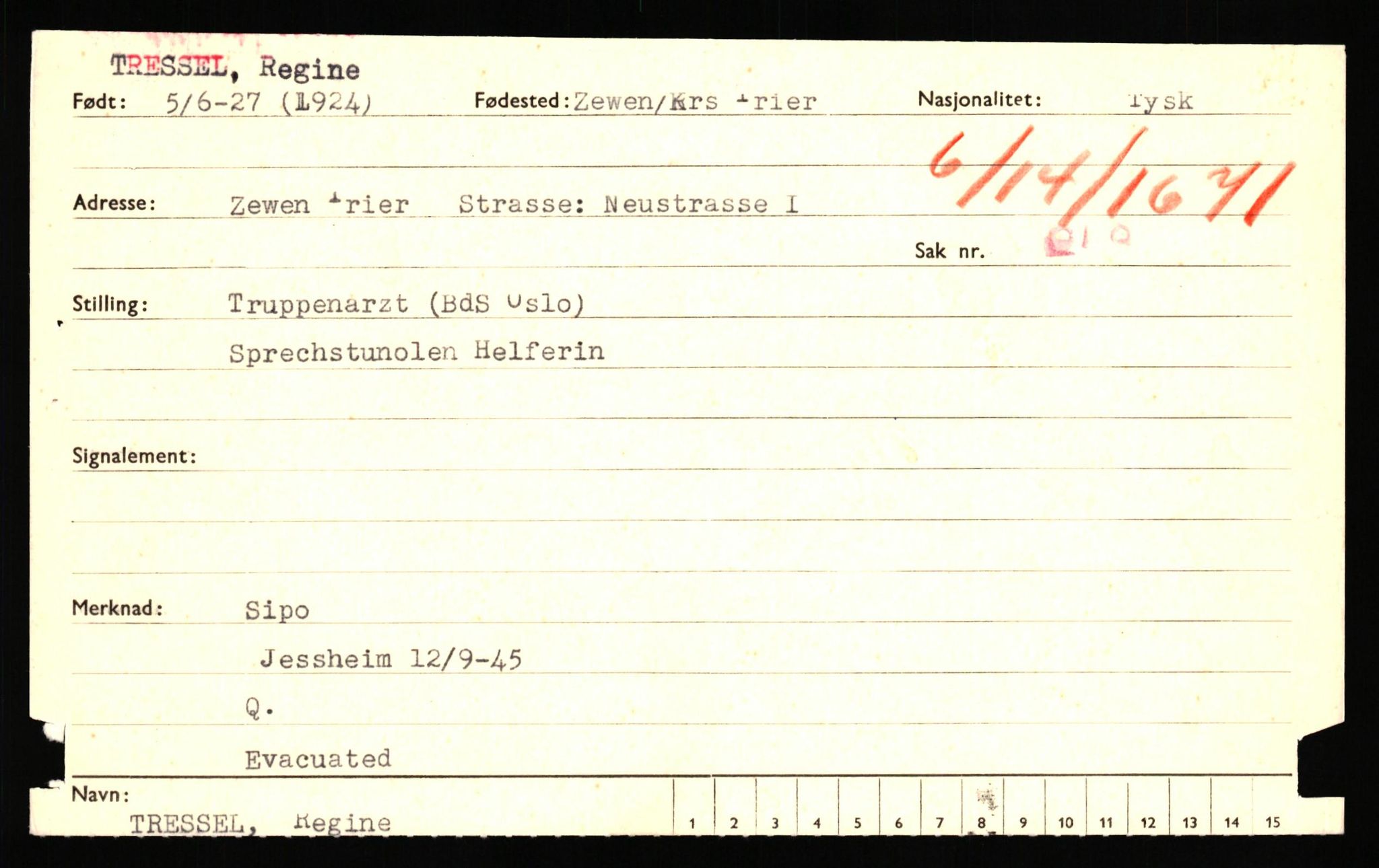 Forsvaret, Forsvarets overkommando II, AV/RA-RAFA-3915/D/Db/L0034: CI Questionaires. Tyske okkupasjonsstyrker i Norge. Tyskere., 1945-1946, p. 64