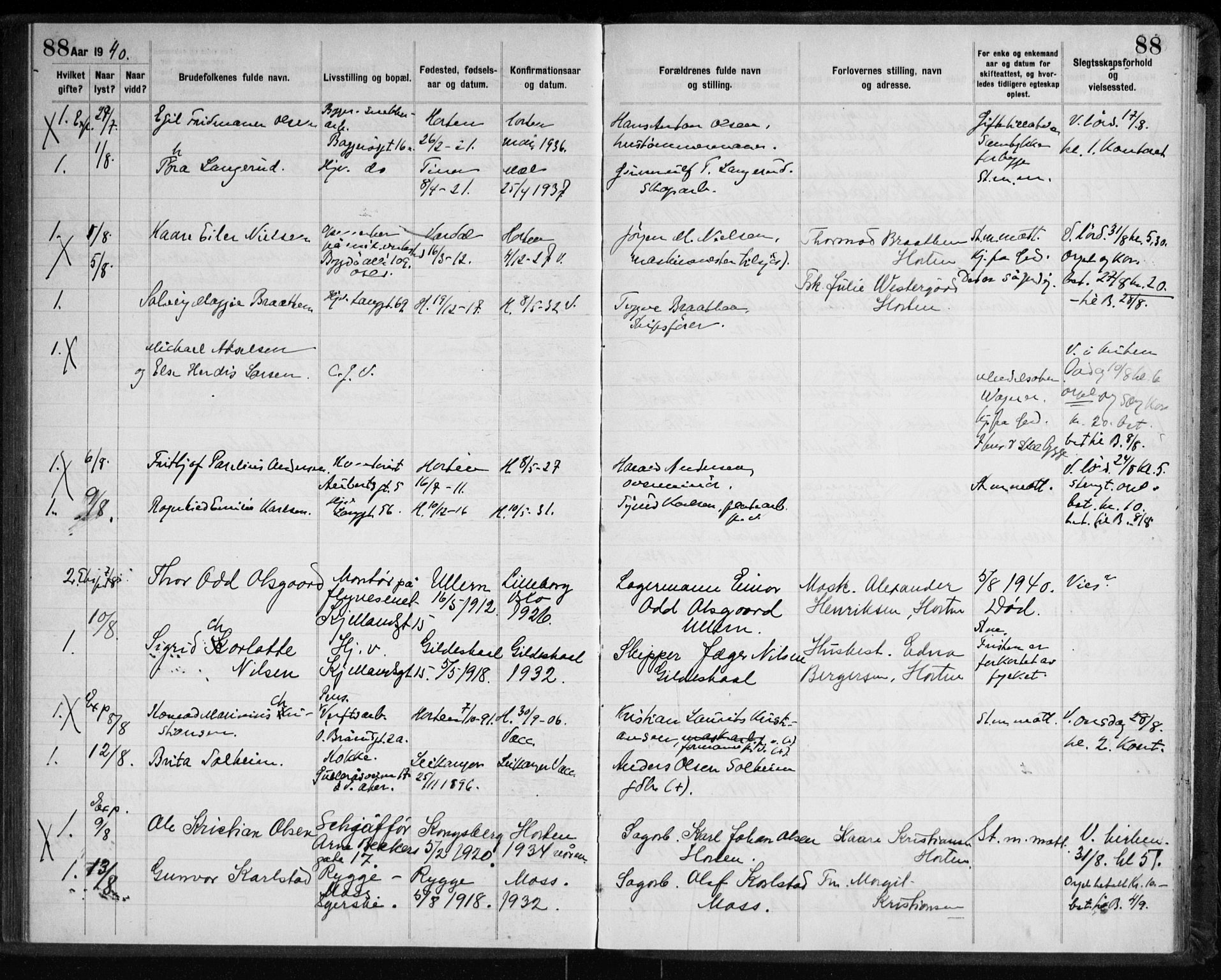 Horten kirkebøker, AV/SAKO-A-348/H/Ha/L0007: Banns register no. 7, 1934-1947, p. 88