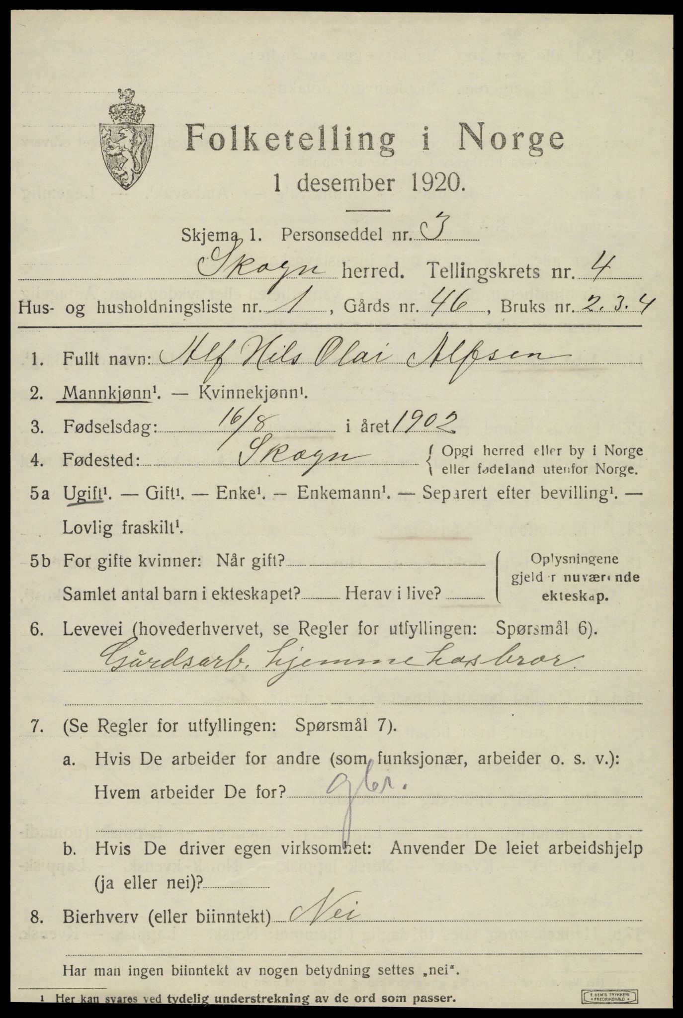 SAT, 1920 census for Skogn, 1920, p. 5845