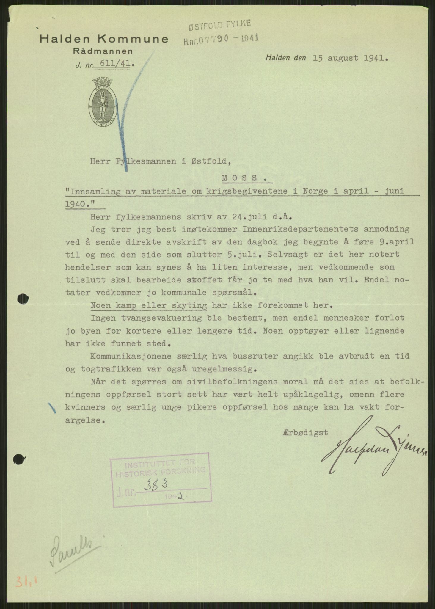 Forsvaret, Forsvarets krigshistoriske avdeling, AV/RA-RAFA-2017/Y/Ya/L0013: II-C-11-31 - Fylkesmenn.  Rapporter om krigsbegivenhetene 1940., 1940, p. 66