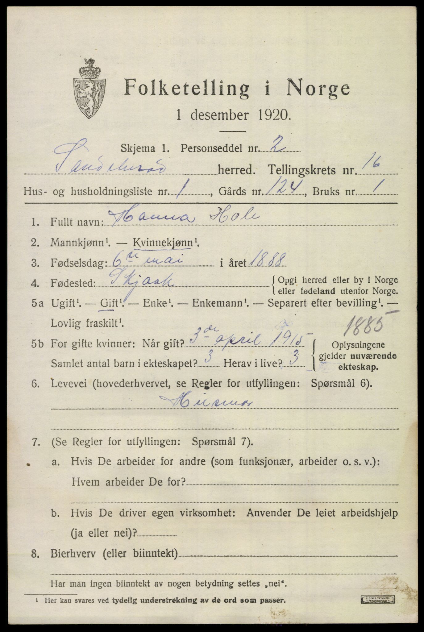 SAKO, 1920 census for Sandeherred, 1920, p. 24788