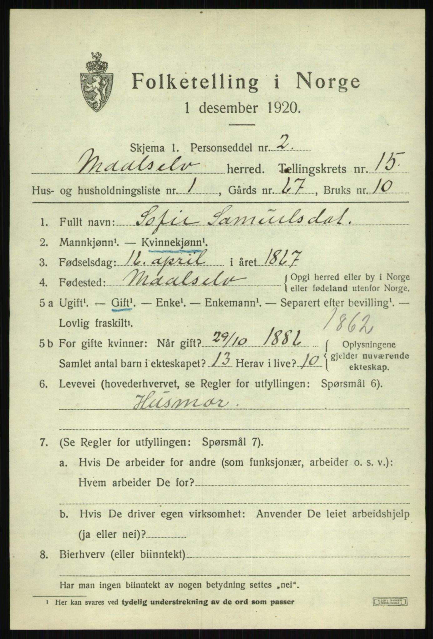 SATØ, 1920 census for Målselv, 1920, p. 7625