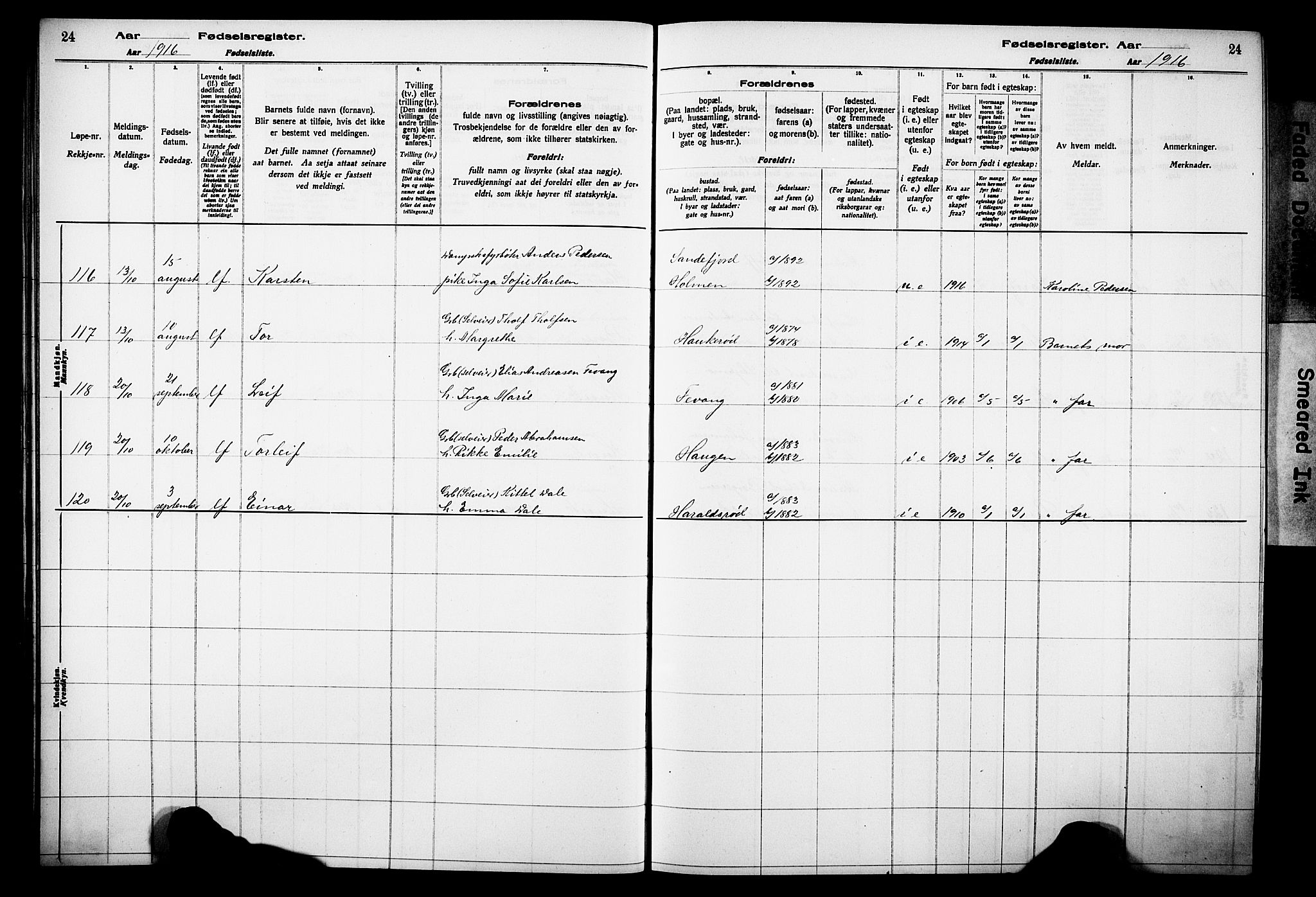 Sandar kirkebøker, AV/SAKO-A-243/J/Ja/L0001: Birth register no. 1, 1916-1922, p. 24