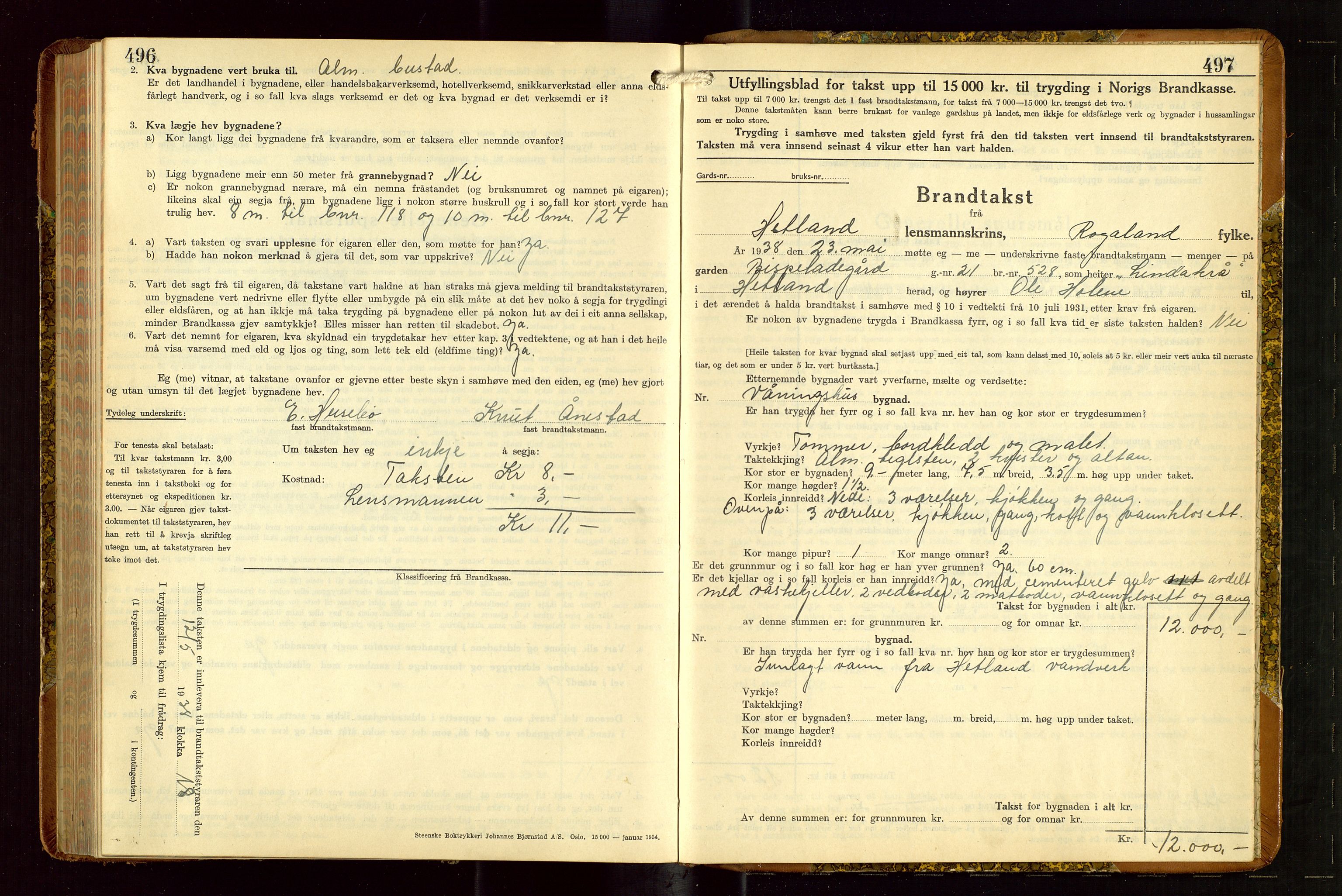 Hetland lensmannskontor, SAST/A-100101/Gob/L0005: "Brandtakstprotokoll", 1936-1938, p. 496-497