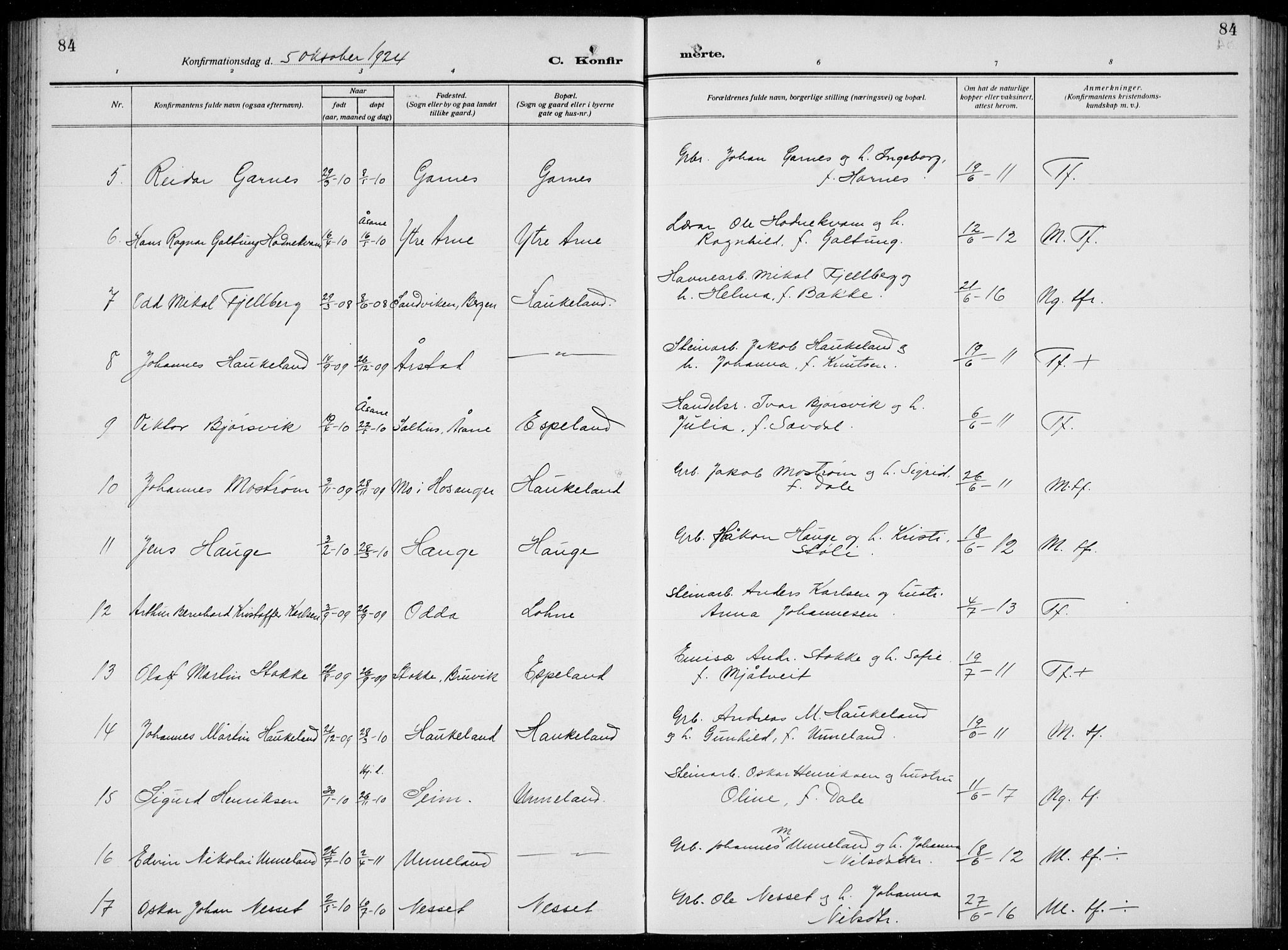 Arna Sokneprestembete, AV/SAB-A-74001/H/Ha/Hab: Parish register (copy) no. A  6, 1922-1936, p. 84