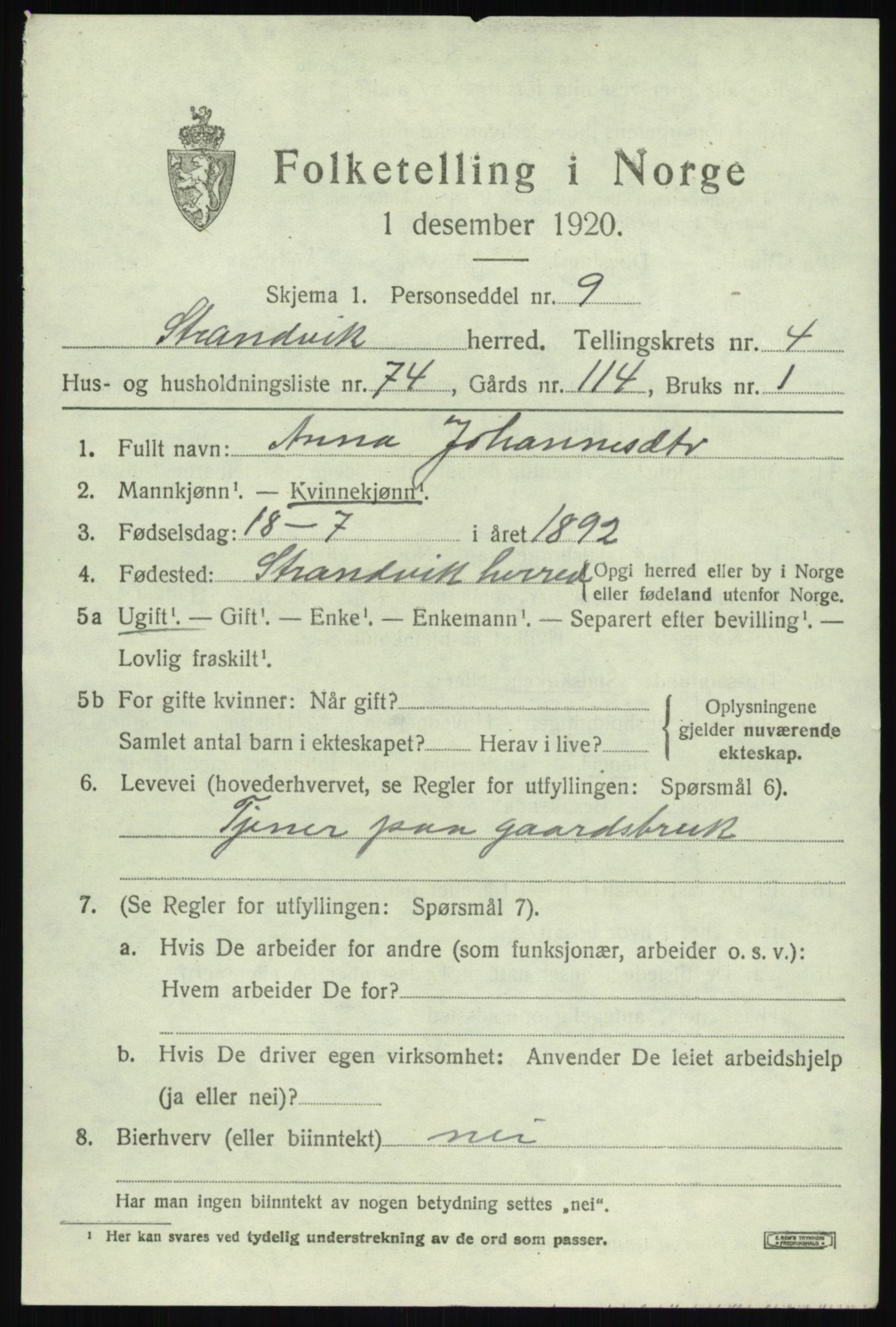 SAB, 1920 census for Strandvik, 1920, p. 3970