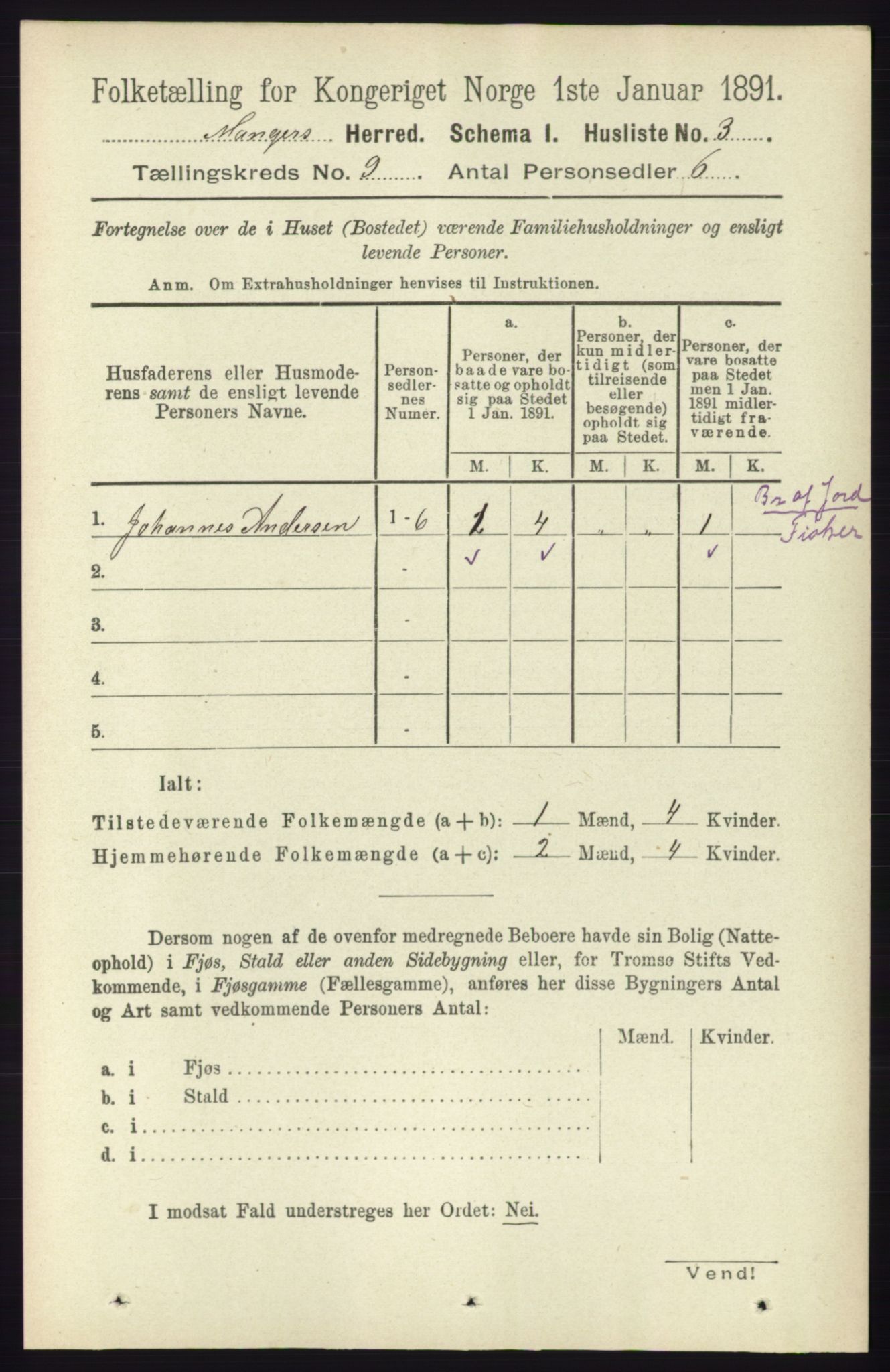 RA, 1891 census for 1261 Manger, 1891, p. 5607