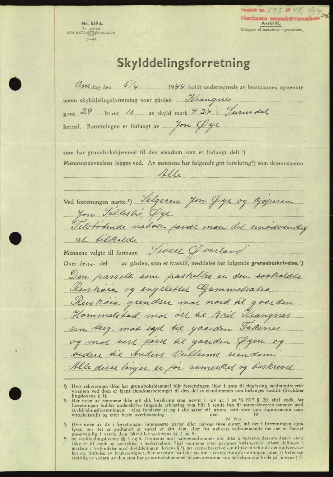 Nordmøre sorenskriveri, AV/SAT-A-4132/1/2/2Ca: Mortgage book no. A97, 1944-1944, Diary no: : 595/1944