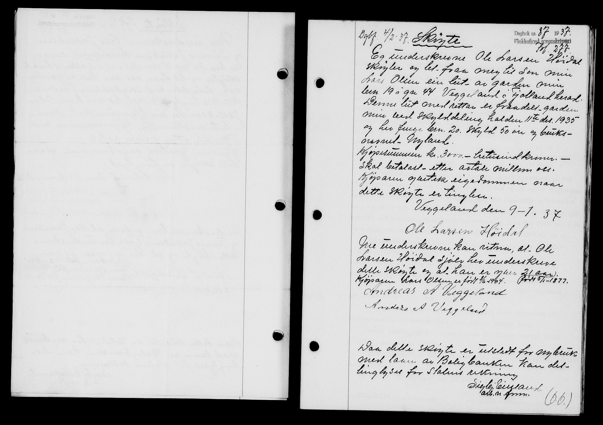 Flekkefjord sorenskriveri, SAK/1221-0001/G/Gb/Gba/L0053: Mortgage book no. A-1, 1936-1937, Diary no: : 87/1937