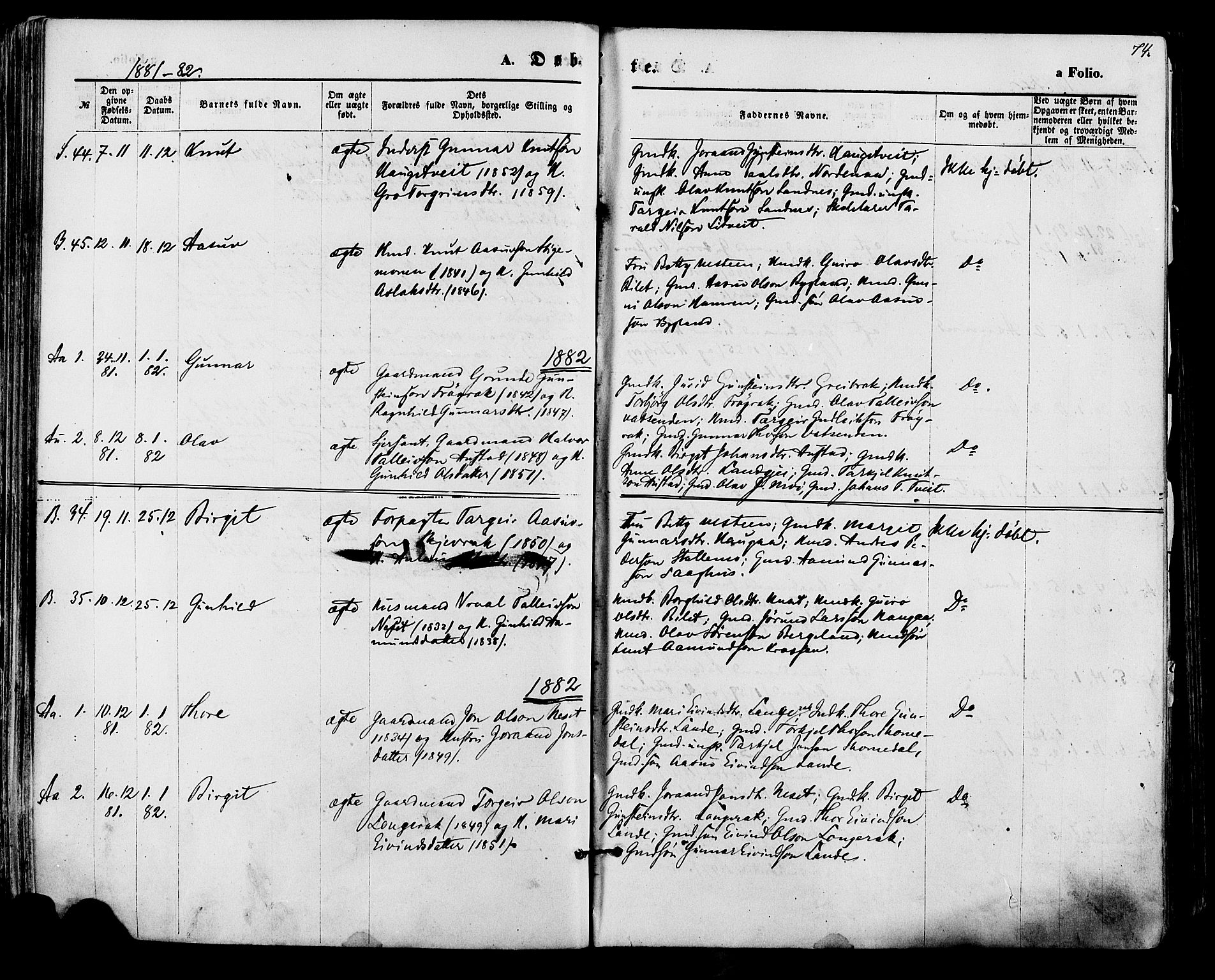 Bygland sokneprestkontor, AV/SAK-1111-0006/F/Fa/Fab/L0006: Parish register (official) no. A 6, 1873-1884, p. 74