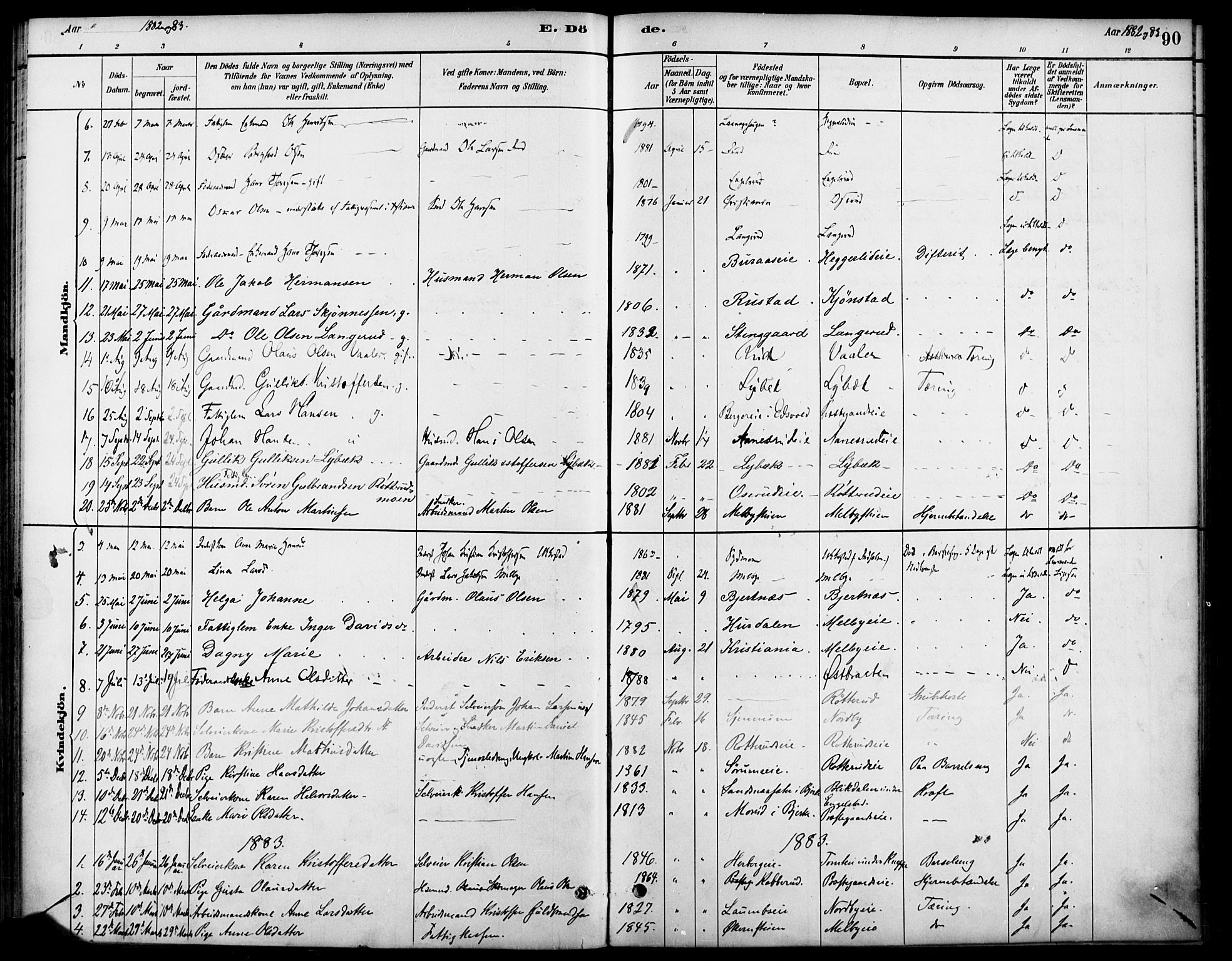 Nannestad prestekontor Kirkebøker, SAO/A-10414a/F/Fa/L0014: Parish register (official) no. I 14, 1881-1890, p. 90