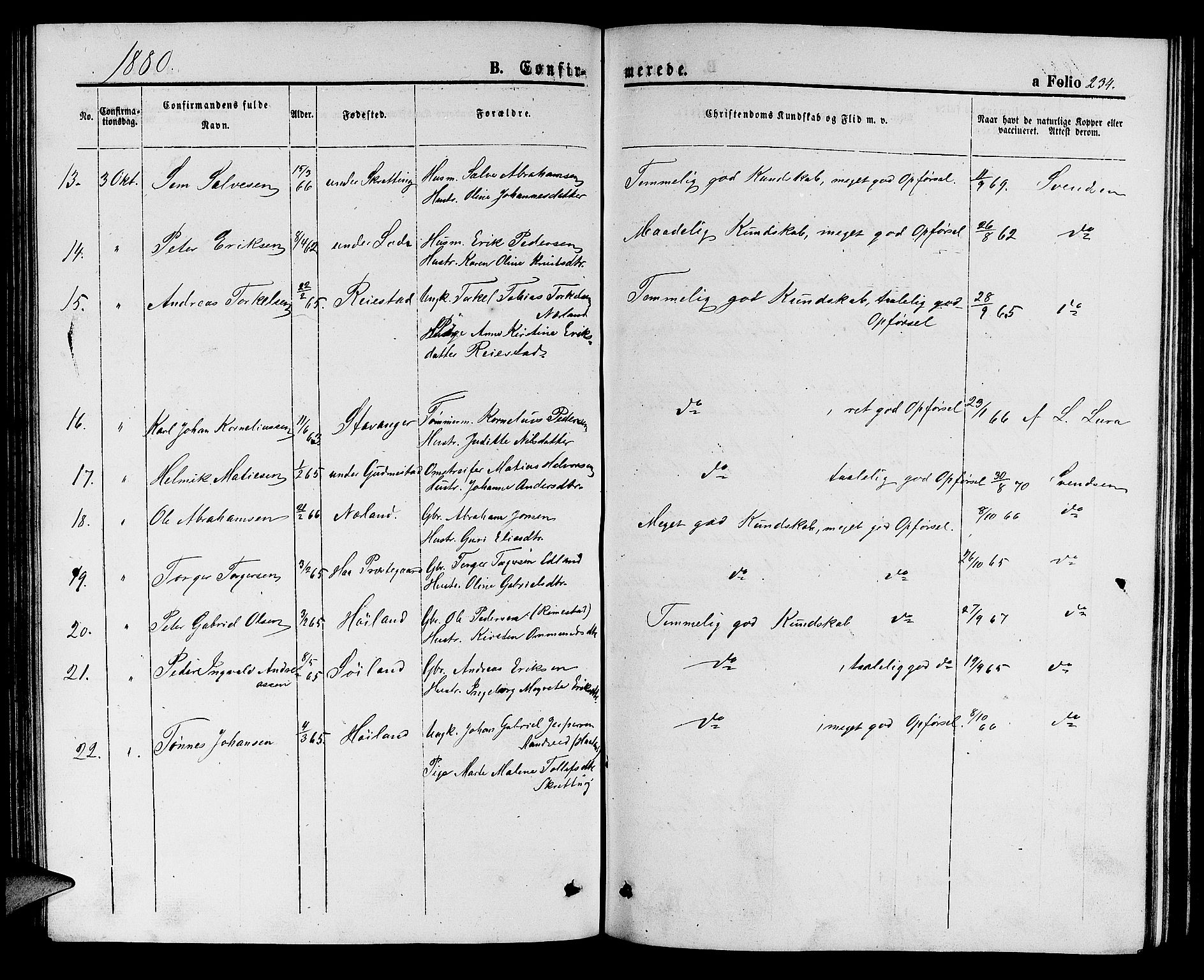 Hå sokneprestkontor, AV/SAST-A-101801/001/30BB/L0001: Parish register (copy) no. B 1, 1854-1883, p. 234