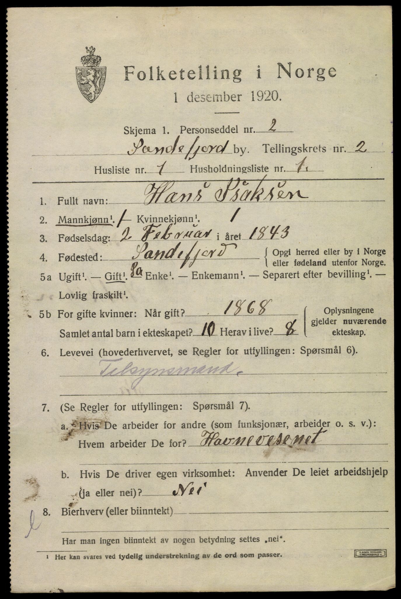 SAKO, 1920 census for Sandefjord, 1920, p. 5420