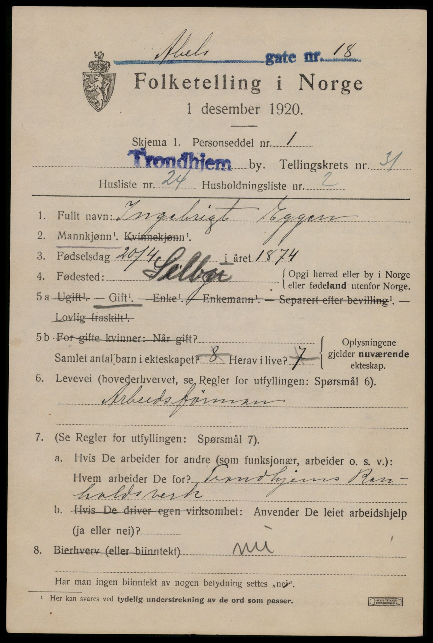 SAT, 1920 census for Trondheim, 1920, p. 77018