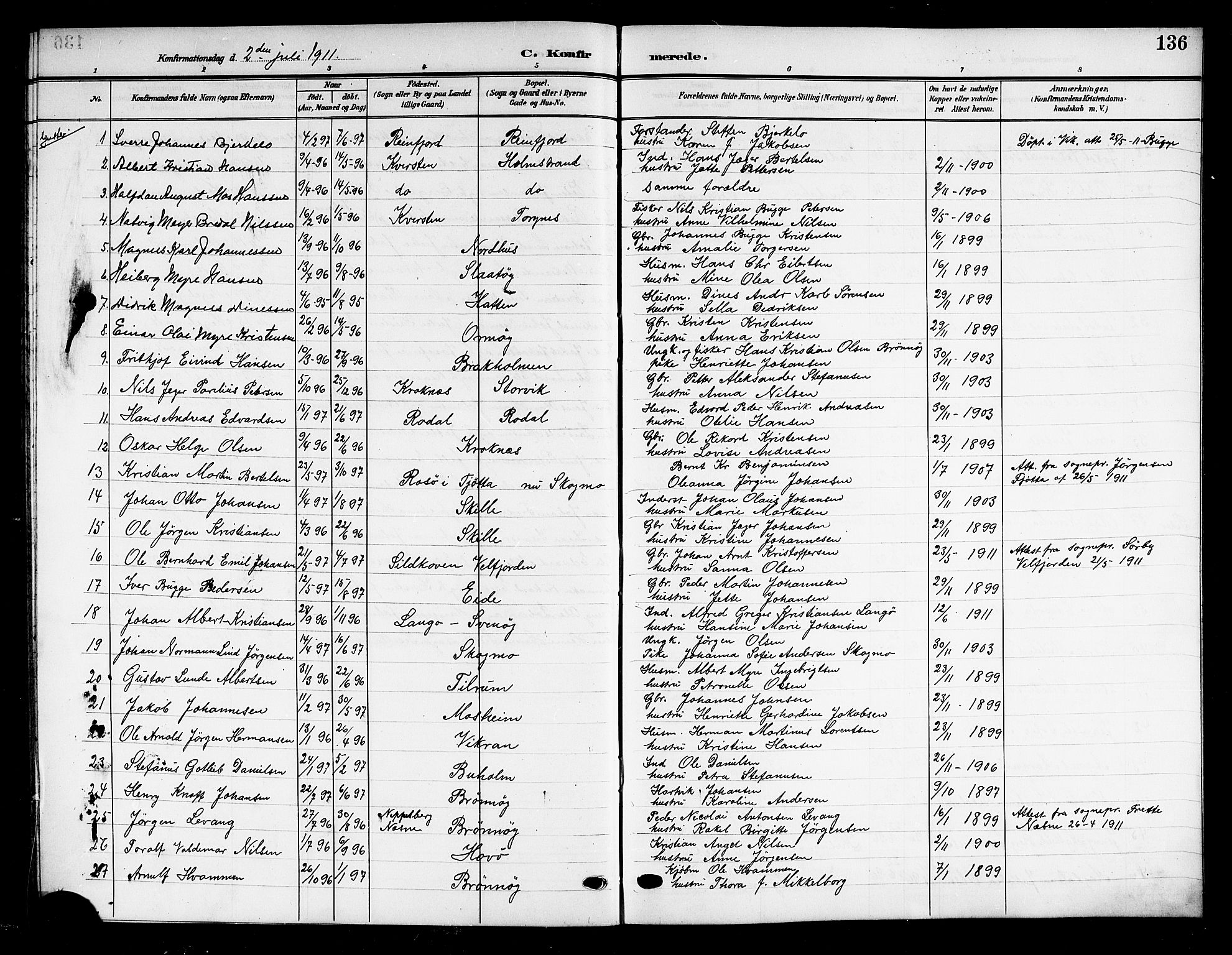 Ministerialprotokoller, klokkerbøker og fødselsregistre - Nordland, SAT/A-1459/813/L0214: Parish register (copy) no. 813C06, 1904-1917, p. 136