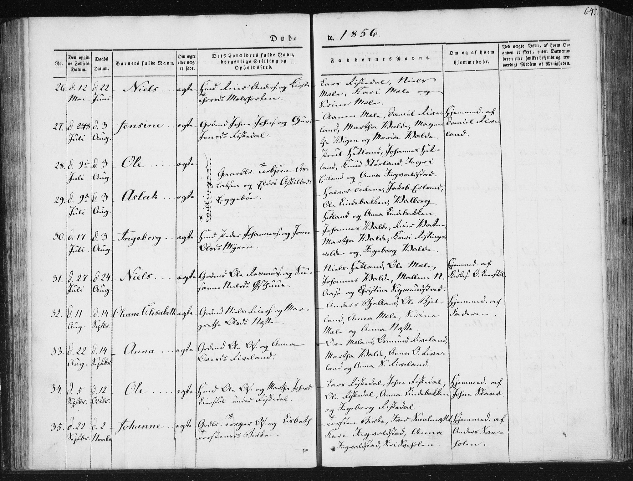 Hjelmeland sokneprestkontor, AV/SAST-A-101843/01/IV/L0008: Parish register (official) no. A 8, 1842-1861, p. 64