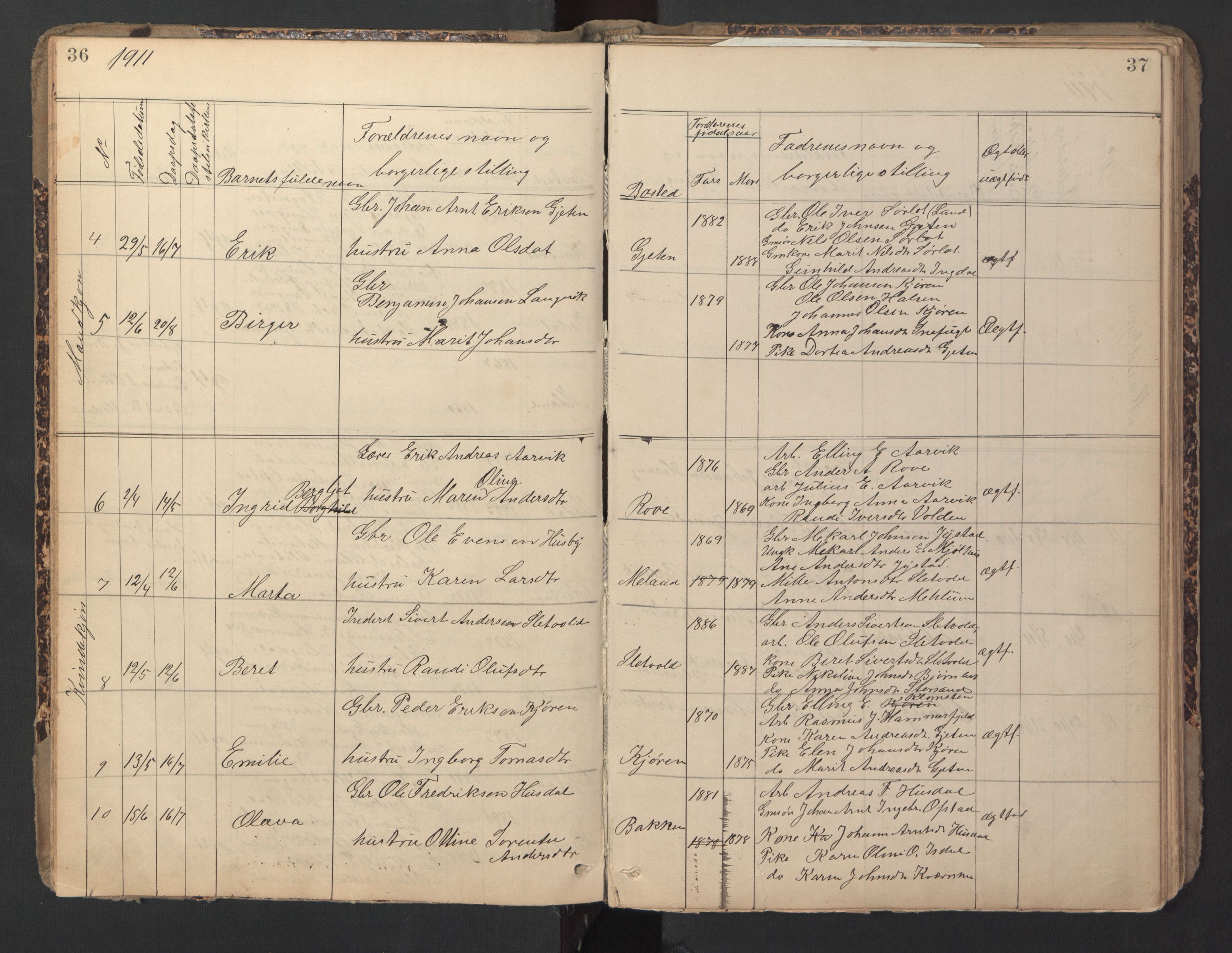 Ministerialprotokoller, klokkerbøker og fødselsregistre - Sør-Trøndelag, SAT/A-1456/670/L0837: Parish register (copy) no. 670C01, 1905-1946, p. 36-37