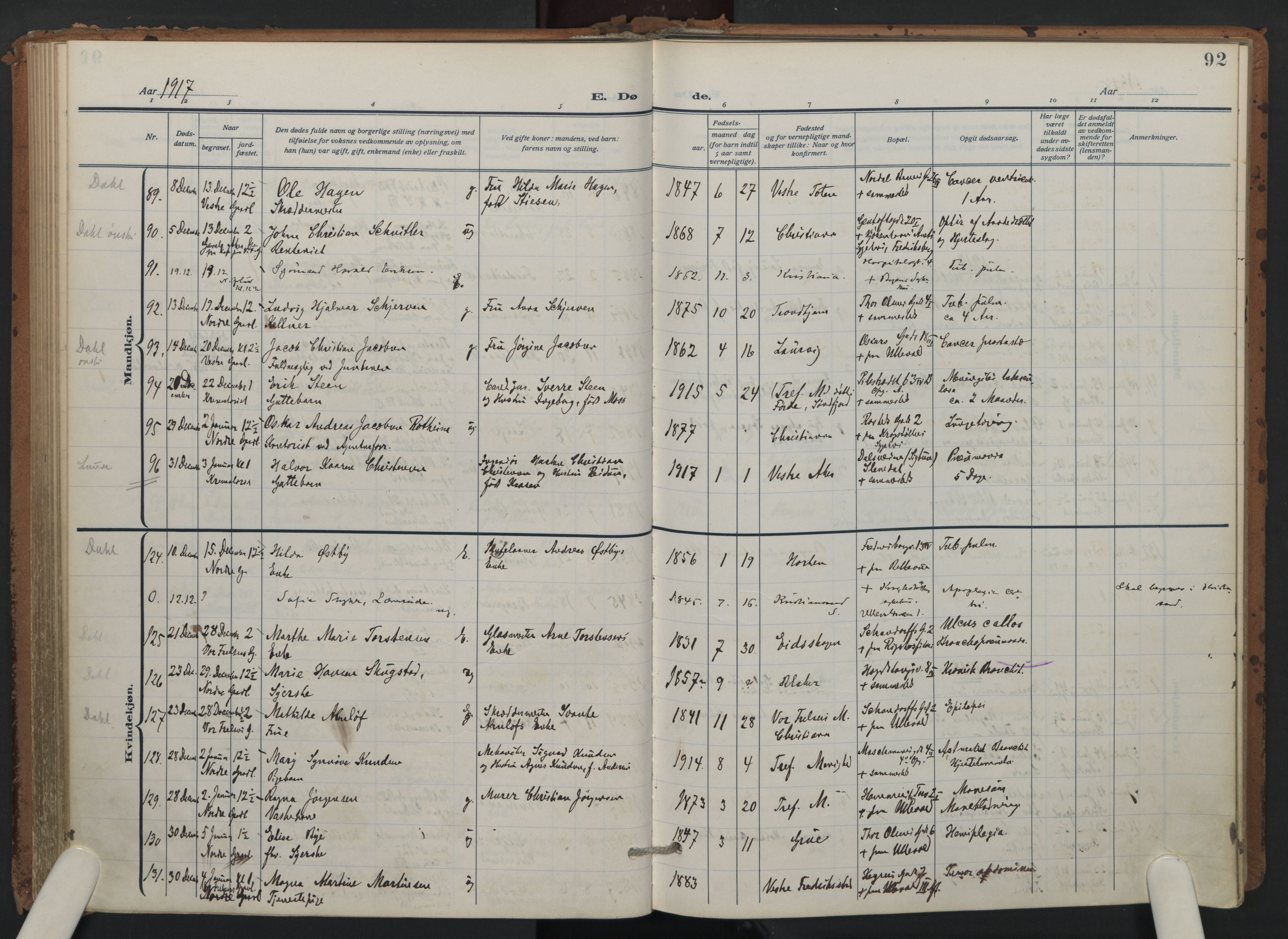 Trefoldighet prestekontor Kirkebøker, AV/SAO-A-10882/F/Fd/L0005: Parish register (official) no. IV 5, 1912-1929, p. 92