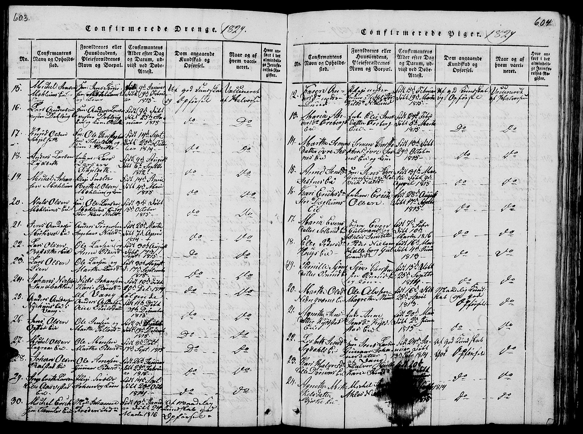 Vang prestekontor, Hedmark, AV/SAH-PREST-008/H/Ha/Hab/L0005: Parish register (copy) no. 5, 1815-1836, p. 603-604