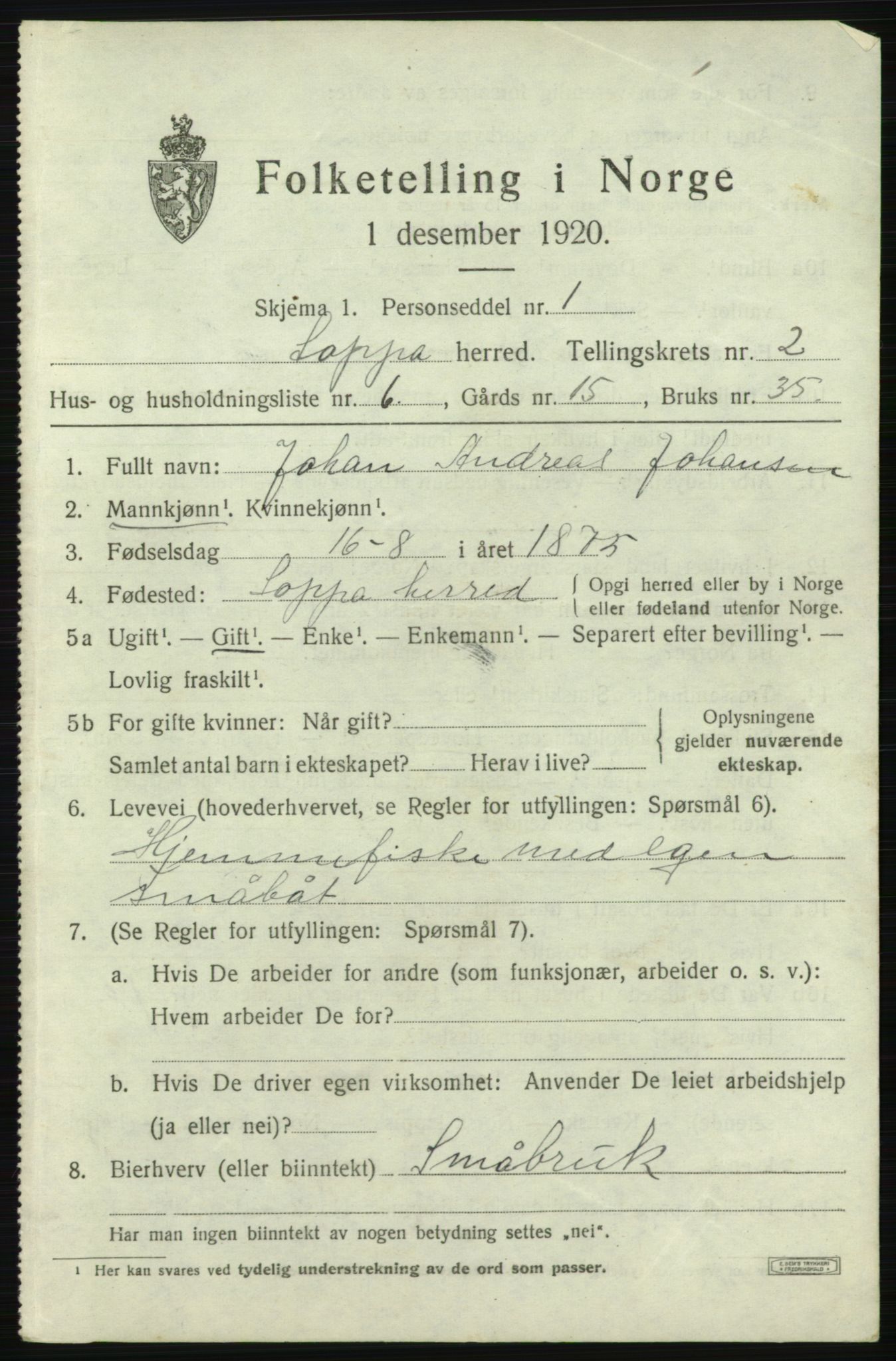 SATØ, 1920 census for Loppa, 1920, p. 870
