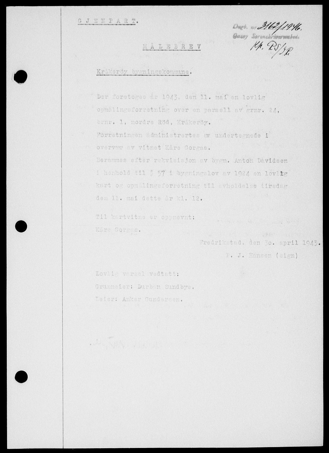 Onsøy sorenskriveri, SAO/A-10474/G/Ga/Gab/L0018: Mortgage book no. II A-18, 1946-1947, Diary no: : 3162/1946