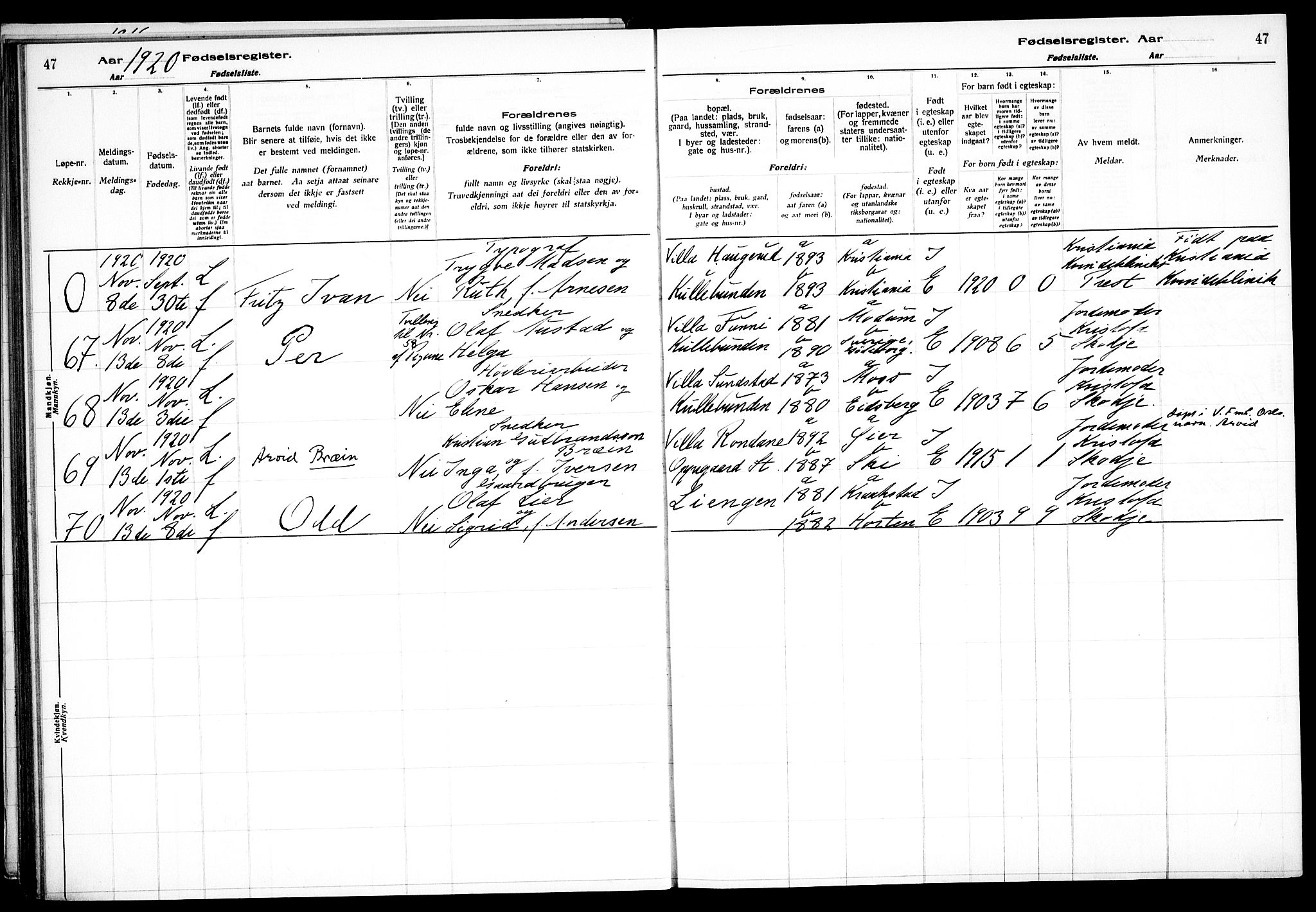 Nesodden prestekontor Kirkebøker, SAO/A-10013/J/Jb/L0001: Birth register no. II 1, 1916-1933, p. 47