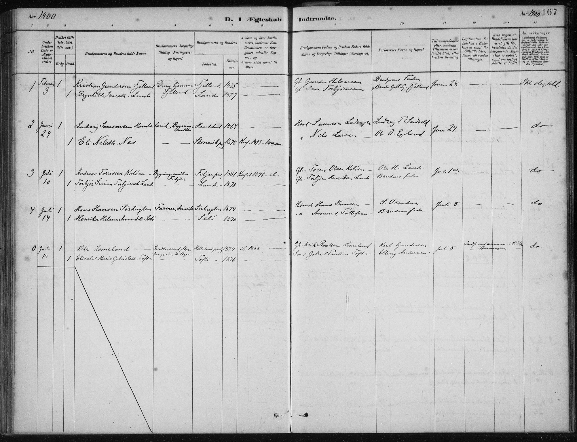 Fjelberg sokneprestembete, SAB/A-75201/H/Haa: Parish register (official) no. C  1, 1879-1918, p. 167