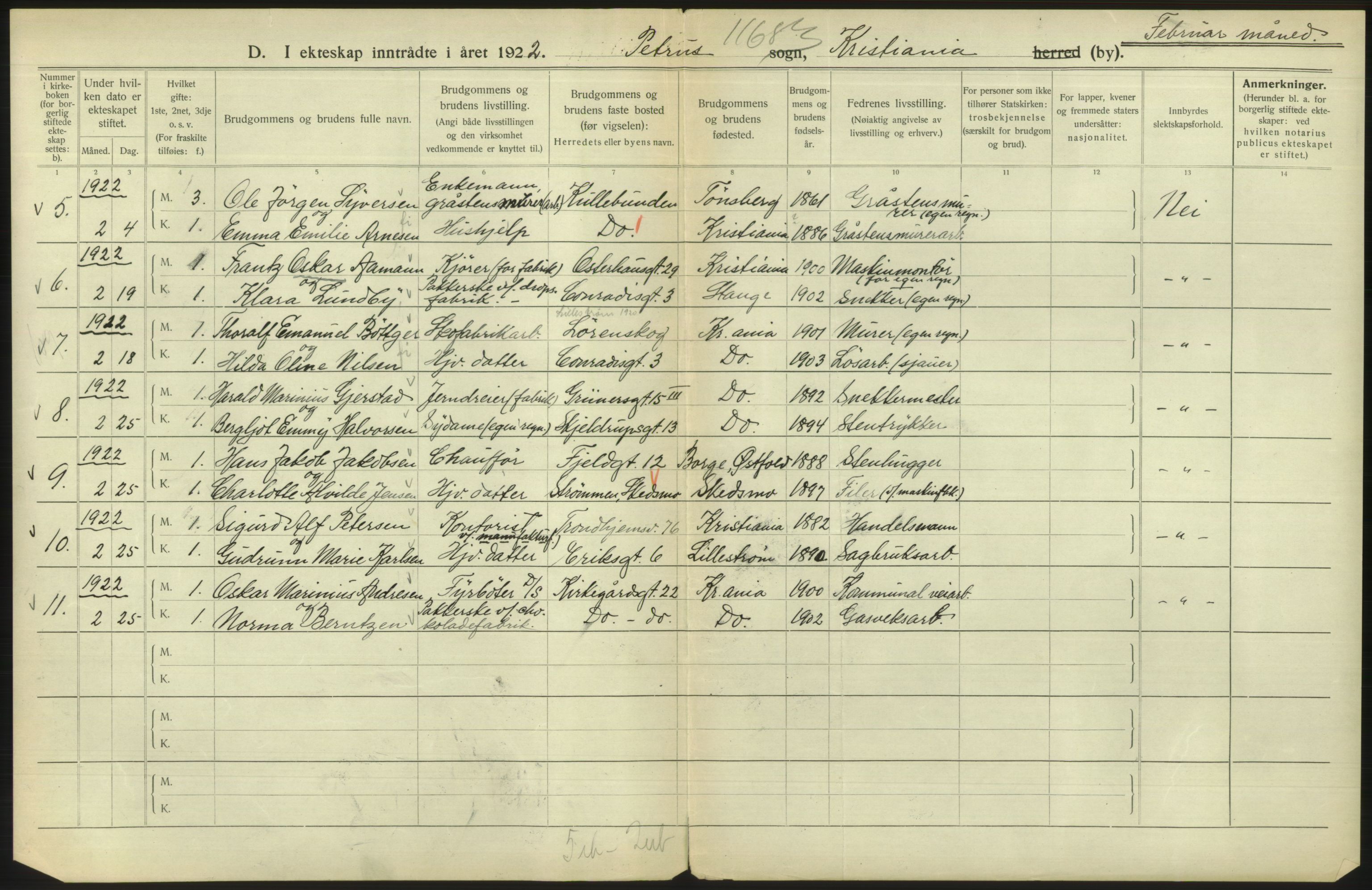 Statistisk sentralbyrå, Sosiodemografiske emner, Befolkning, AV/RA-S-2228/D/Df/Dfc/Dfcb/L0008: Kristiania: Gifte, 1922, p. 12