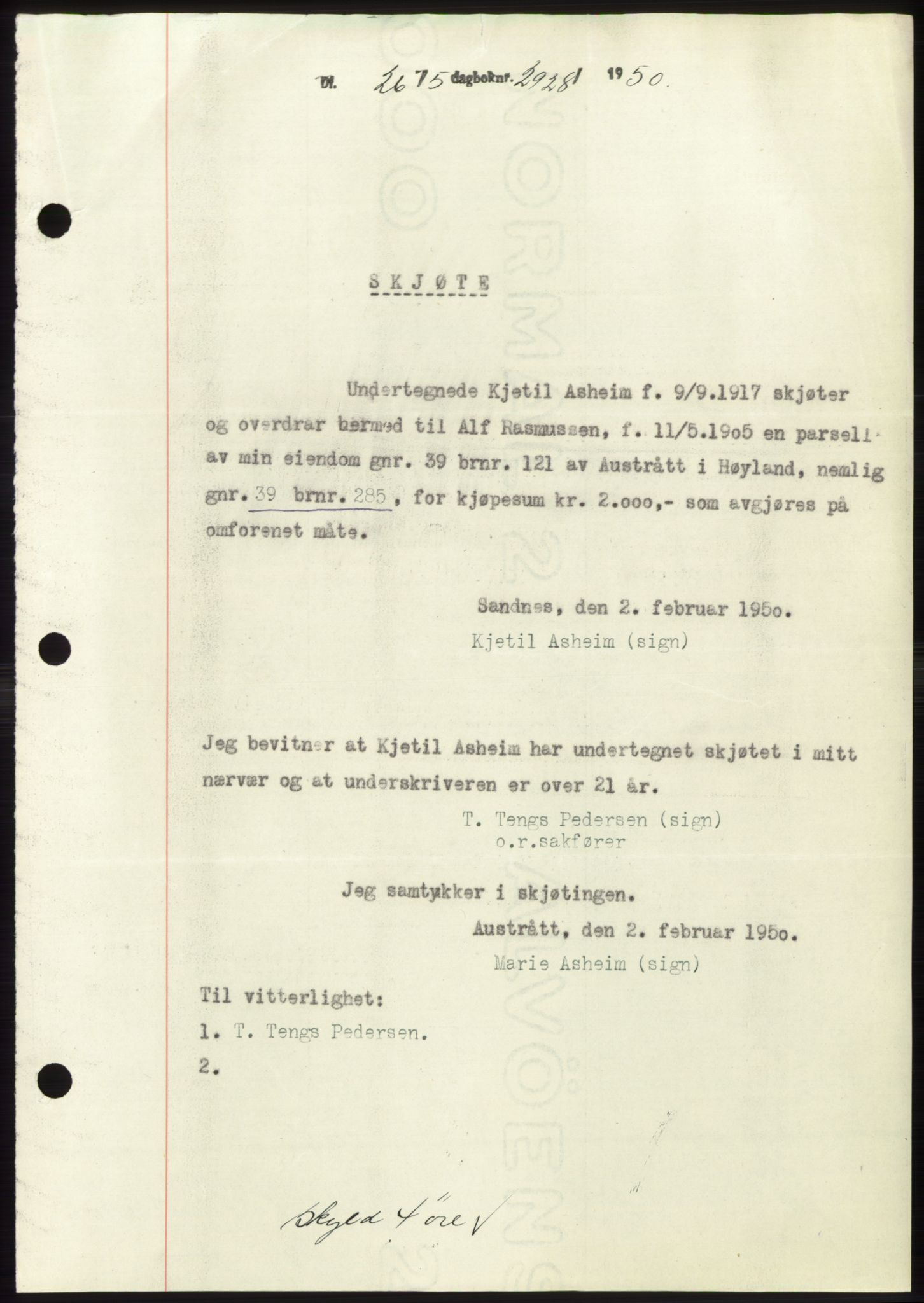 Jæren sorenskriveri, SAST/A-100310/03/G/Gba/L0107: Mortgage book, 1950-1950, Diary no: : 2928/1950