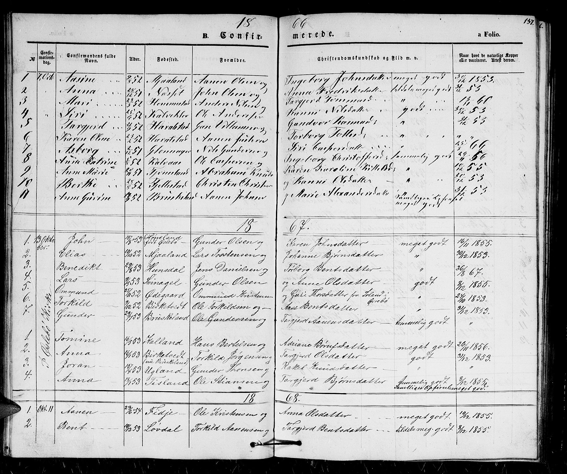 Holum sokneprestkontor, SAK/1111-0022/F/Fb/Fbb/L0002: Parish register (copy) no. B 2, 1847-1874, p. 137