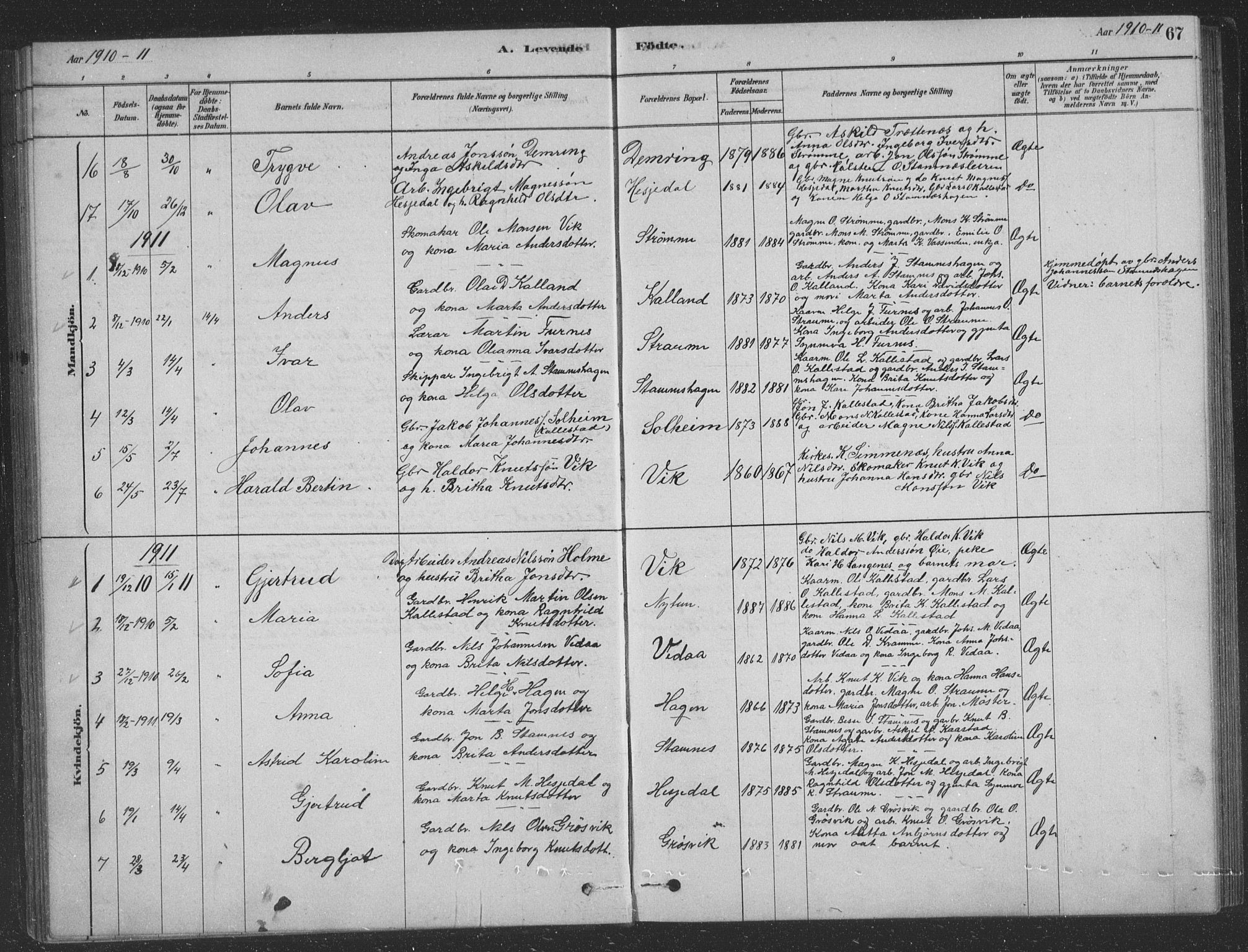 Vaksdal Sokneprestembete, SAB/A-78901/H/Hab: Parish register (copy) no. D 1, 1878-1939, p. 67