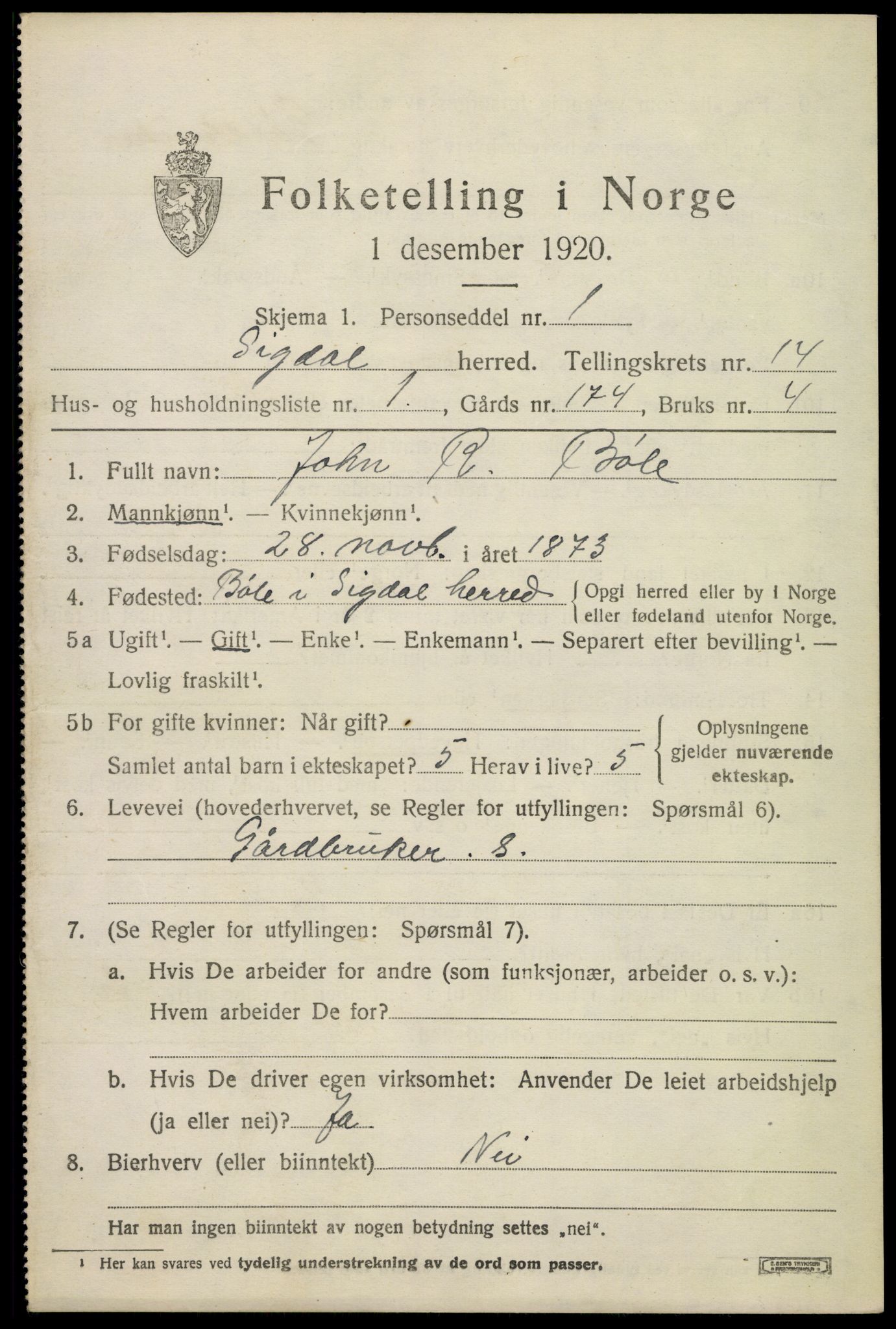 SAKO, 1920 census for Sigdal, 1920, p. 8666