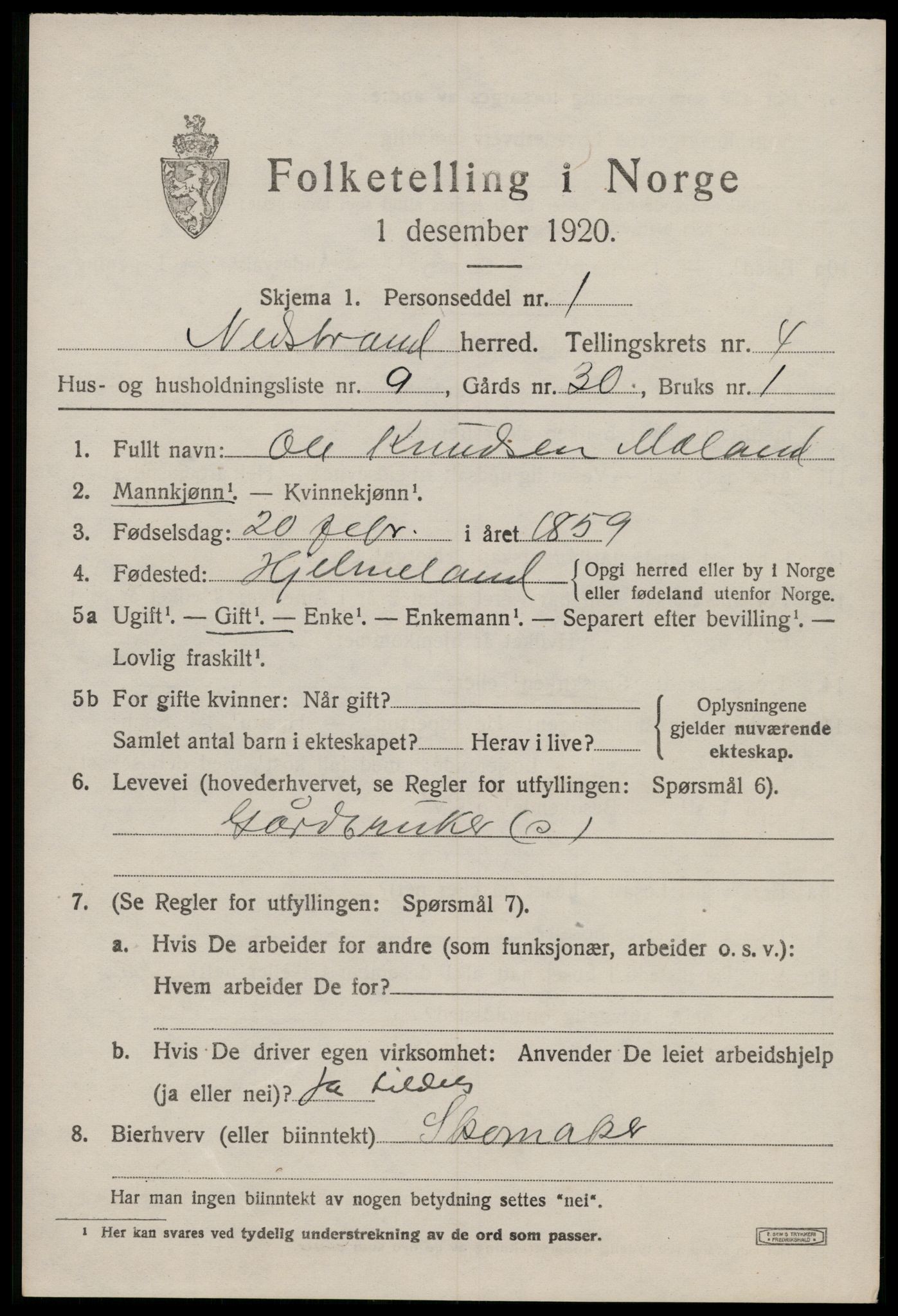 SAST, 1920 census for Nedstrand, 1920, p. 2017