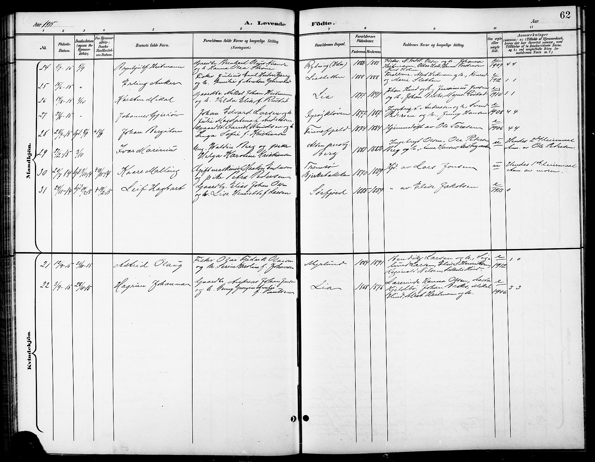 Tranøy sokneprestkontor, SATØ/S-1313/I/Ia/Iab/L0014klokker: Parish register (copy) no. 14, 1896-1918, p. 62