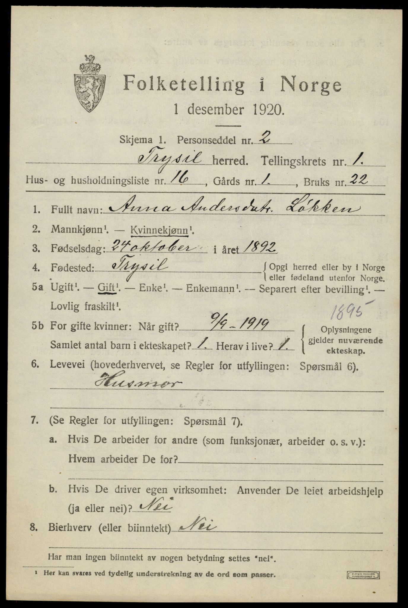 SAH, 1920 census for Trysil, 1920, p. 2743