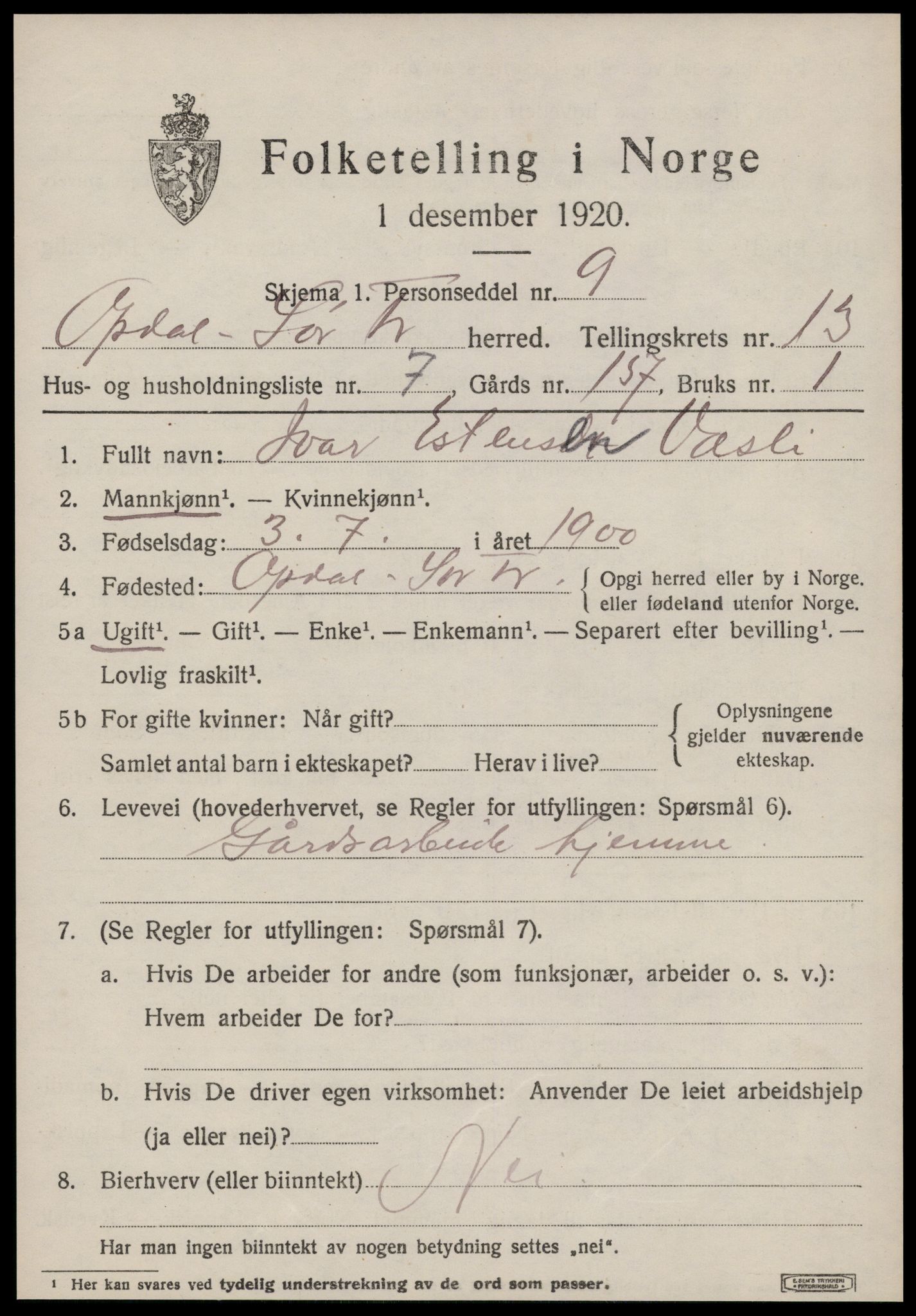 SAT, 1920 census for Oppdal, 1920, p. 10459