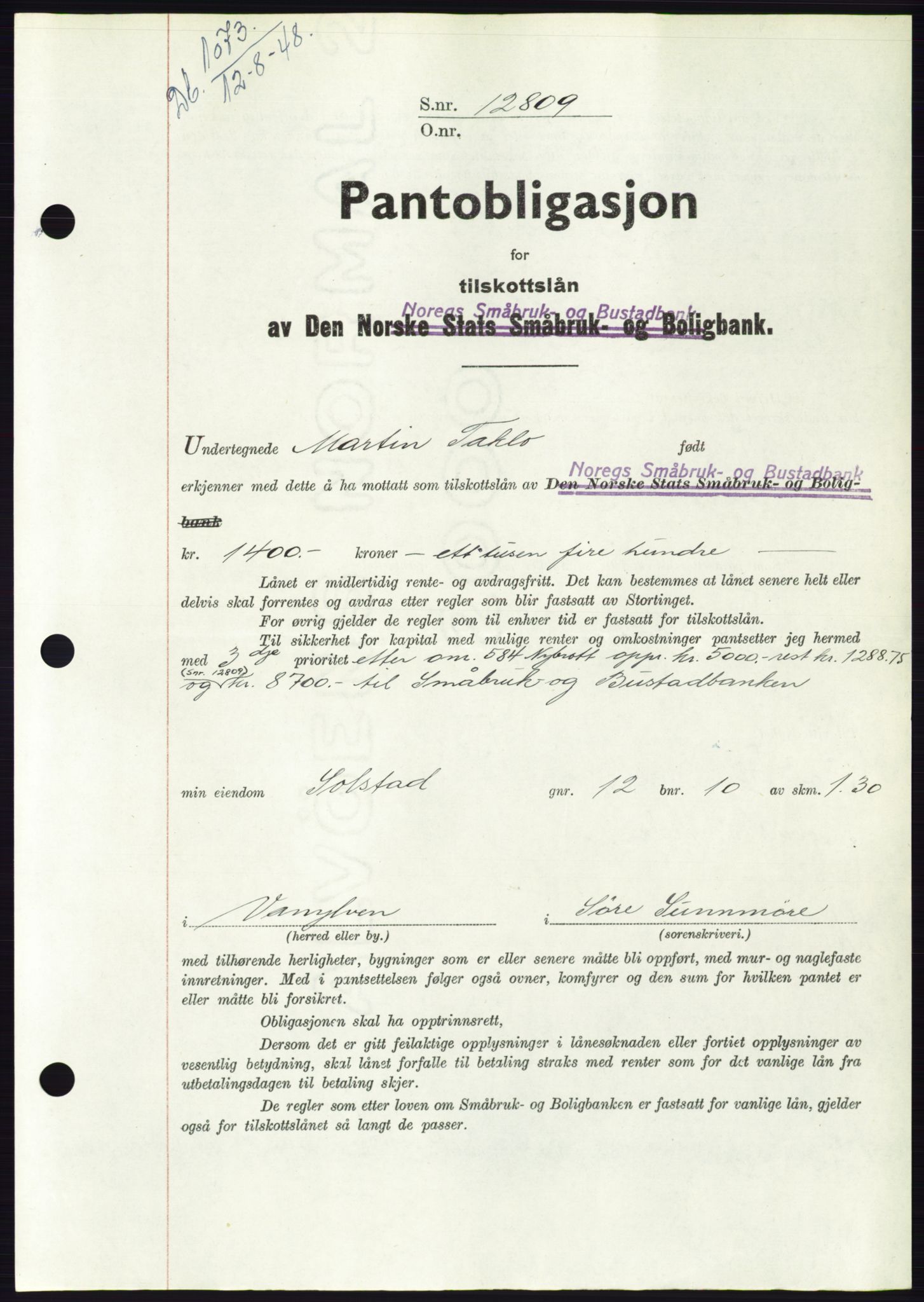 Søre Sunnmøre sorenskriveri, AV/SAT-A-4122/1/2/2C/L0116: Mortgage book no. 4B, 1948-1949, Diary no: : 1073/1948