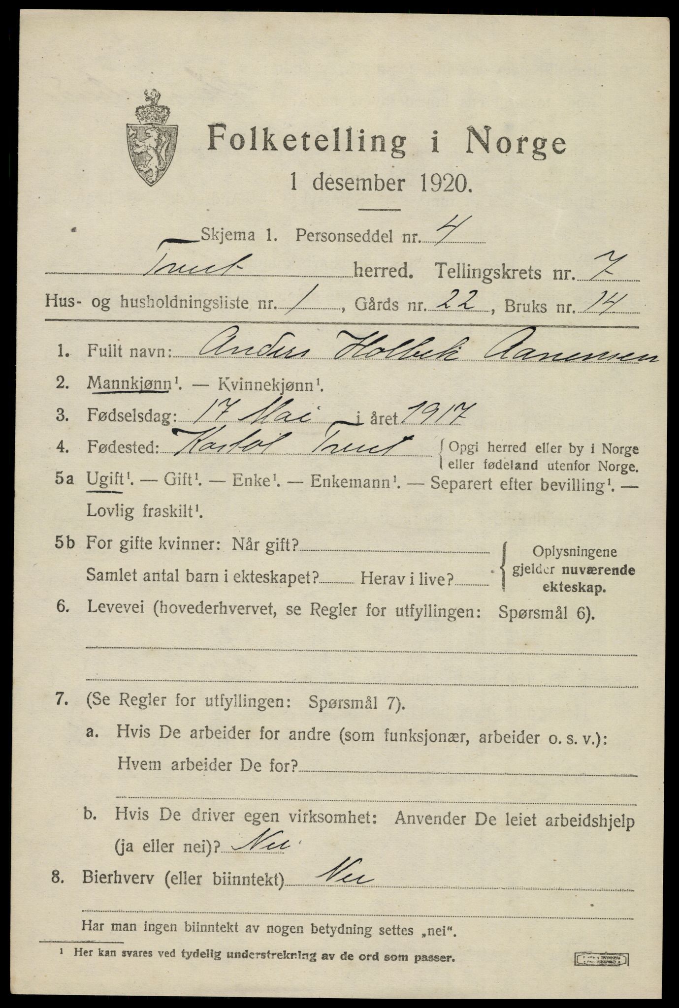 SAK, 1920 census for Tveit, 1920, p. 3202