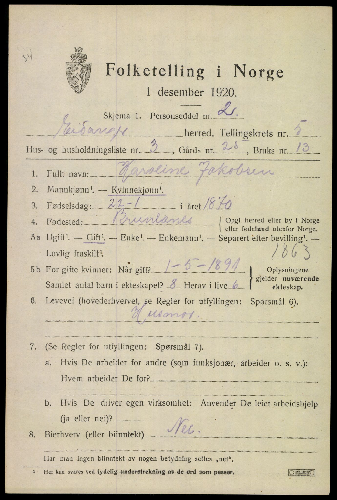 SAKO, 1920 census for Eidanger, 1920, p. 5036