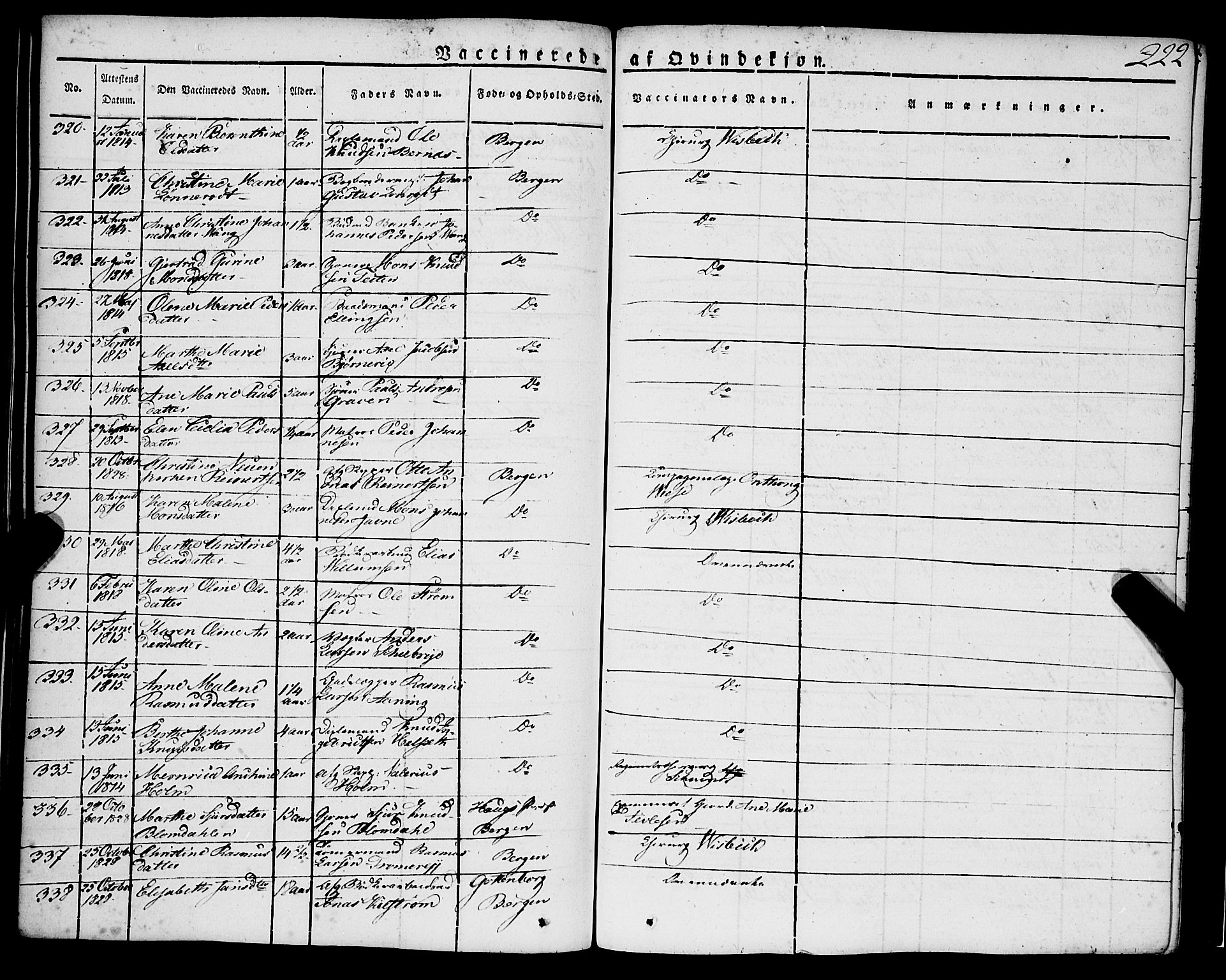 Korskirken sokneprestembete, AV/SAB-A-76101/H/Haa/L0050: Parish register (official) no. F 1, 1821-1869, p. 222