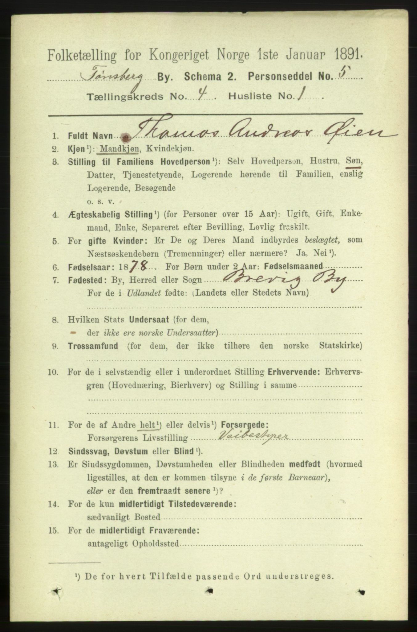 RA, 1891 census for 0705 Tønsberg, 1891, p. 1967