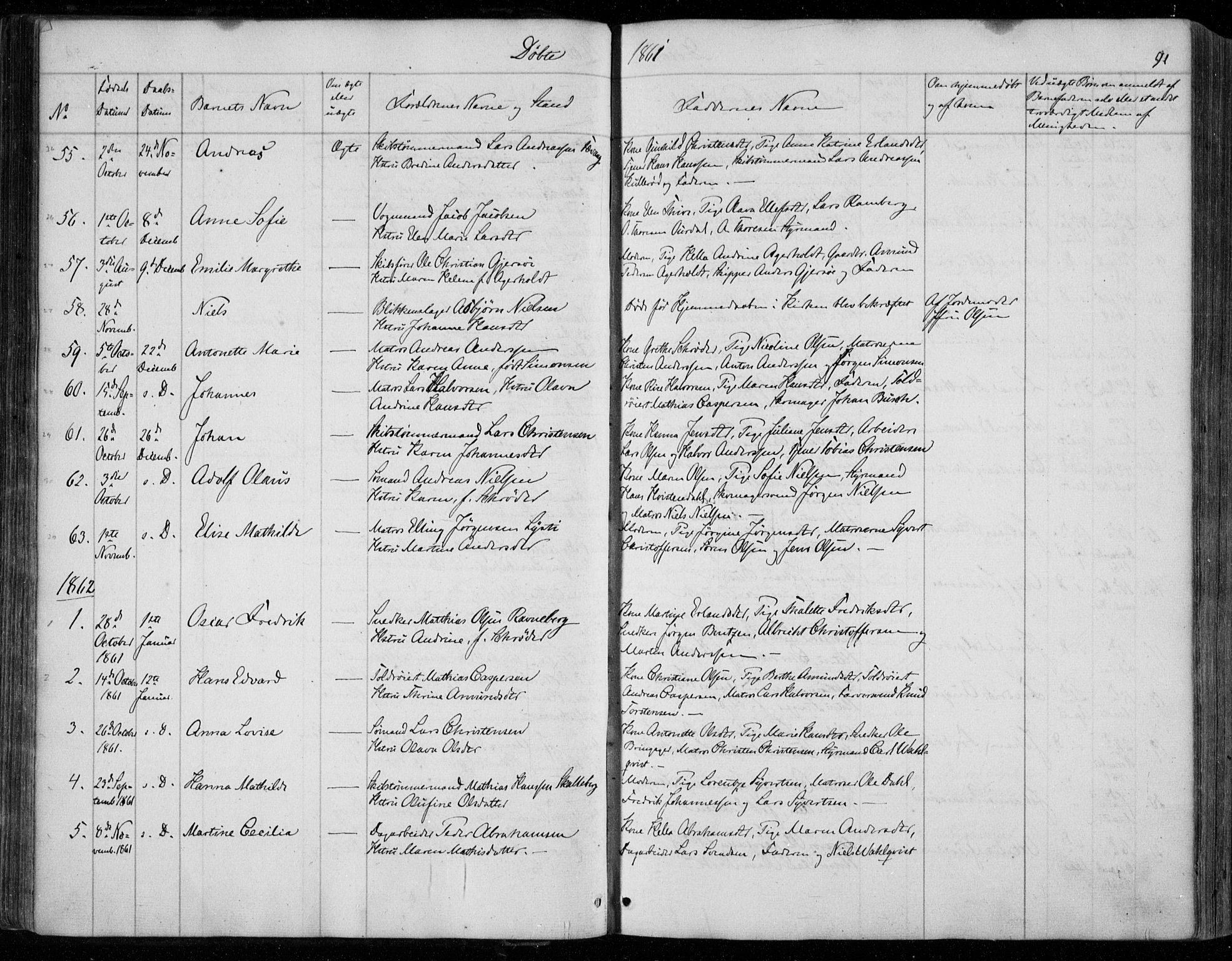 Holmestrand kirkebøker, SAKO/A-346/F/Fa/L0002: Parish register (official) no. 2, 1840-1866, p. 91
