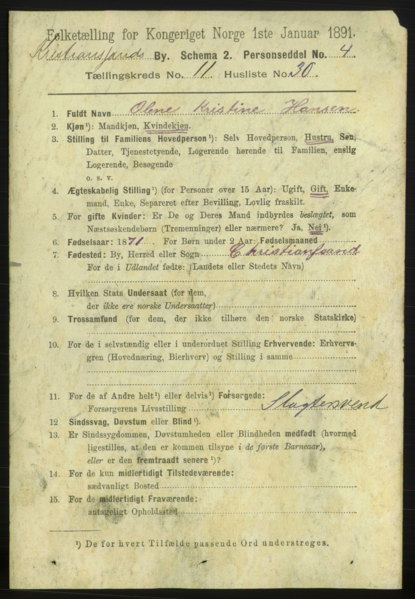 RA, 1891 census for 1001 Kristiansand, 1891, p. 5836