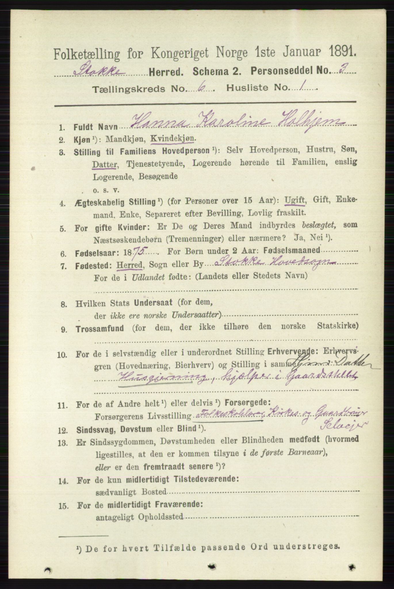 RA, 1891 census for 0720 Stokke, 1891, p. 3794