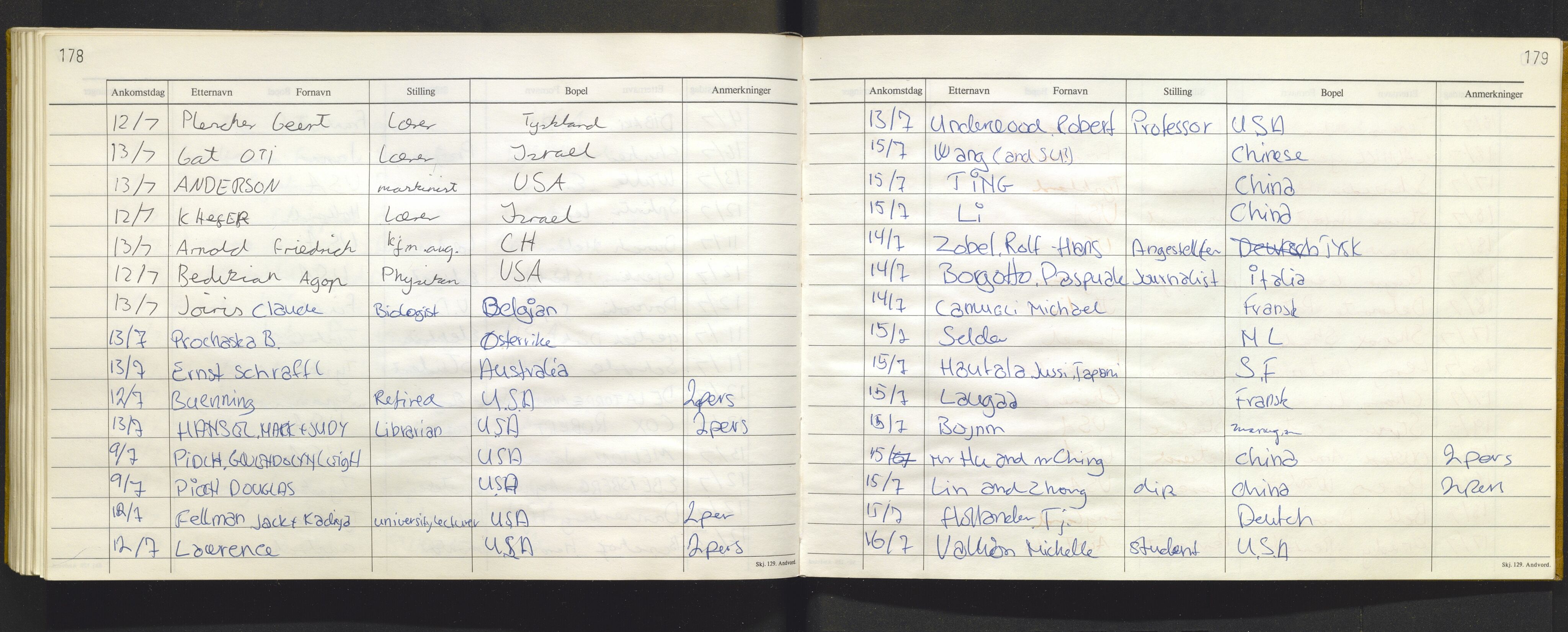 Bergen politikammer / politidistrikt, AV/SAB-A-60401/J.f/L0009: Fremmedbok for Fantoft sommerhotell, 1984-1985, p. 178-179