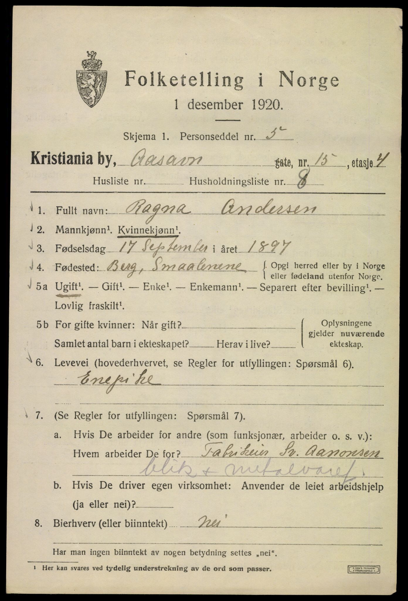 SAO, 1920 census for Kristiania, 1920, p. 136701