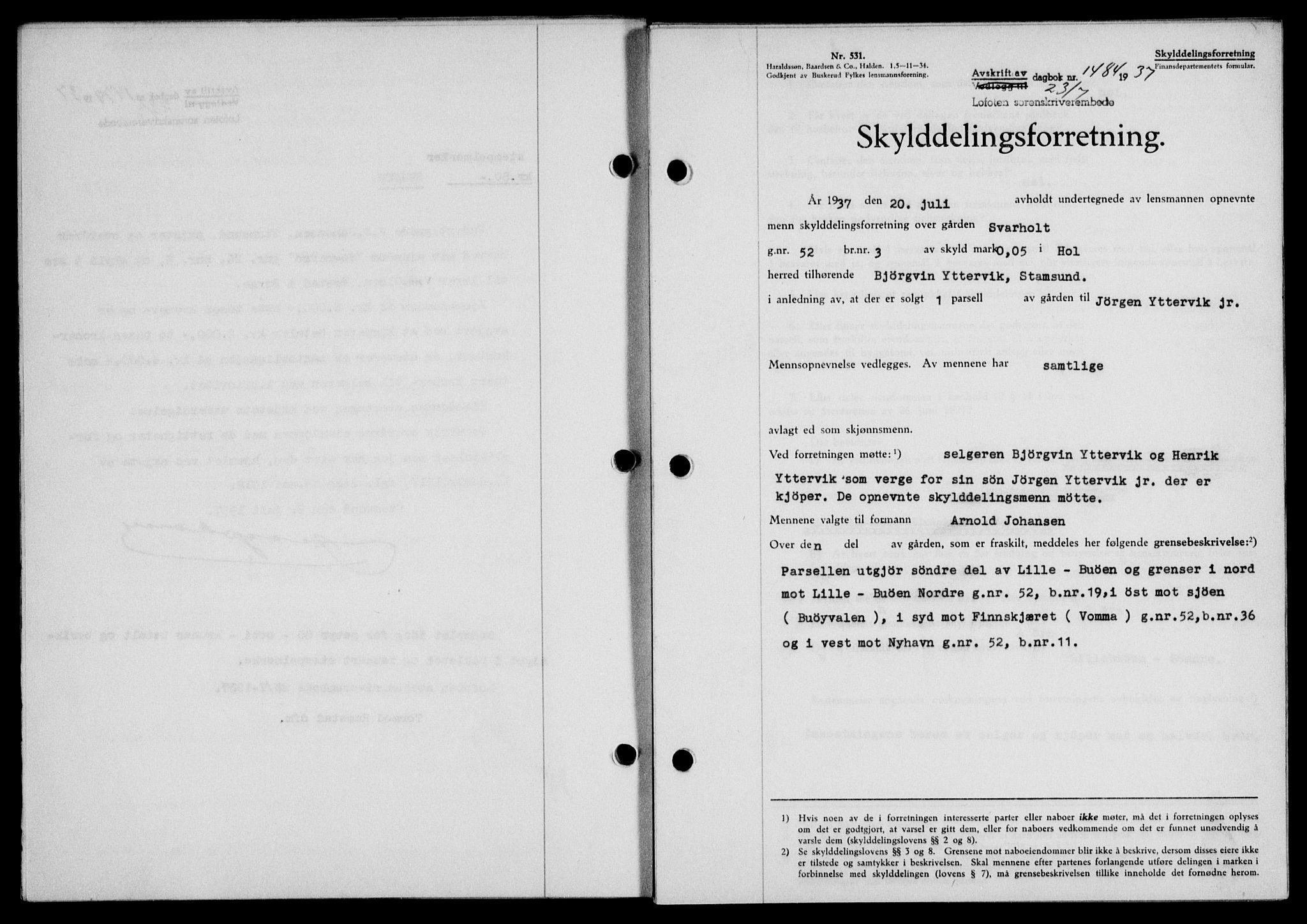 Lofoten sorenskriveri, SAT/A-0017/1/2/2C/L0002a: Mortgage book no. 2a, 1937-1937, Diary no: : 1484/1937