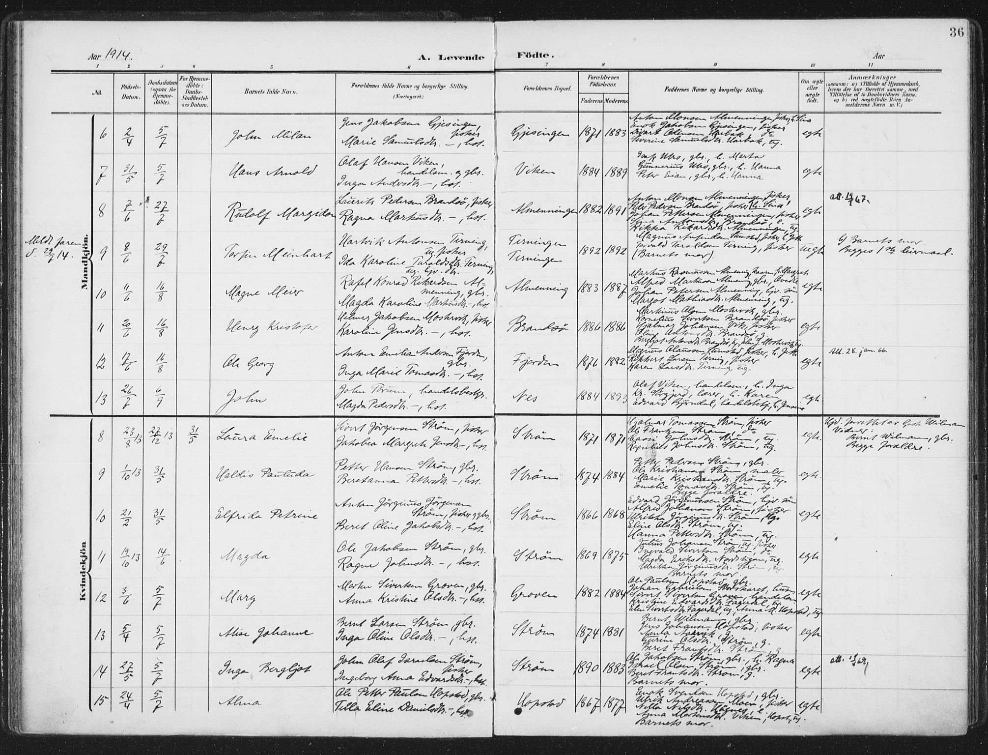 Ministerialprotokoller, klokkerbøker og fødselsregistre - Sør-Trøndelag, SAT/A-1456/657/L0709: Parish register (official) no. 657A10, 1905-1919, p. 36