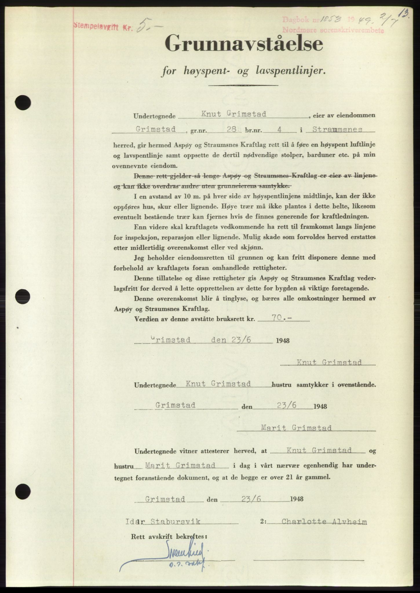 Nordmøre sorenskriveri, AV/SAT-A-4132/1/2/2Ca: Mortgage book no. B102, 1949-1949, Diary no: : 1853/1949